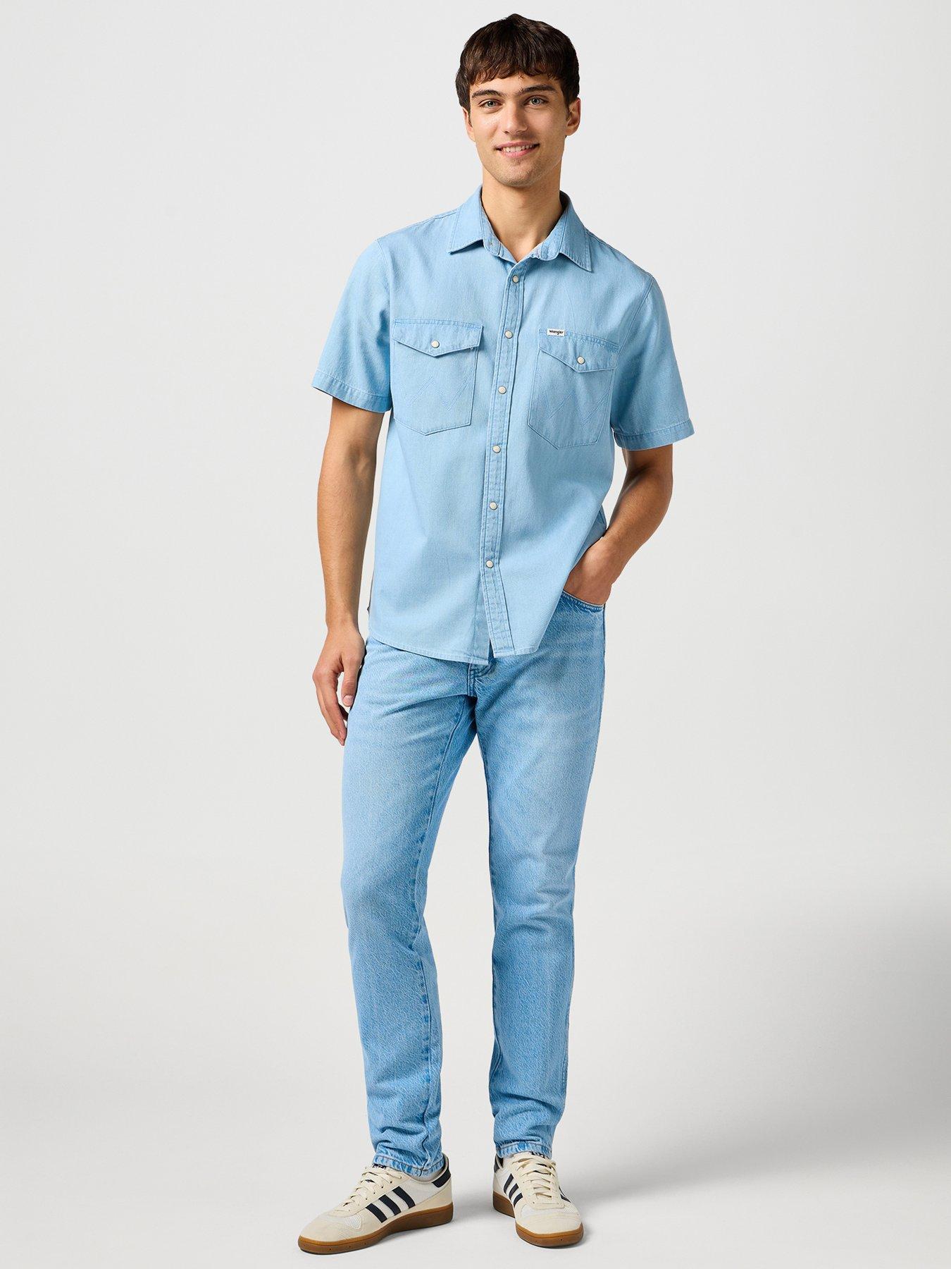  image of wrangler-short-sleeve-denim-western-shirt-light-blue