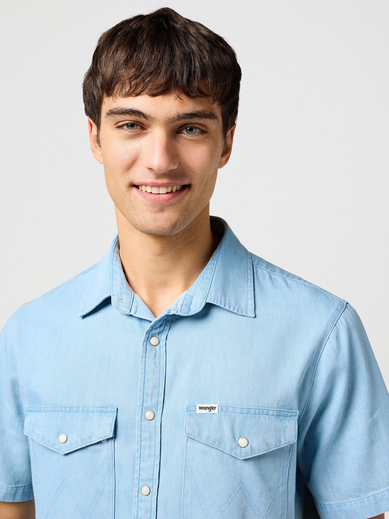  image of wrangler-short-sleeve-denim-western-shirt-light-blue
