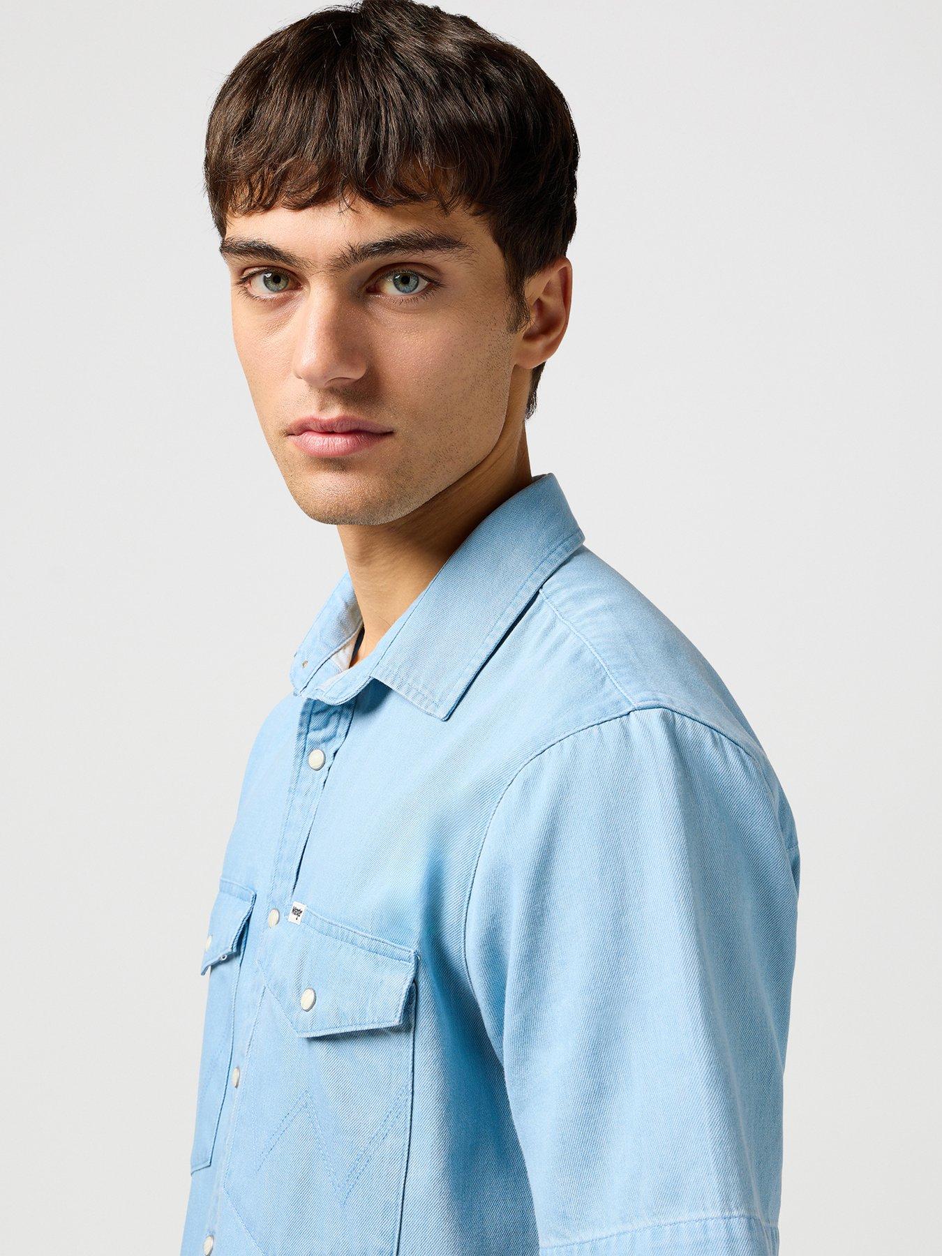  image of wrangler-short-sleeve-denim-western-shirt-light-blue