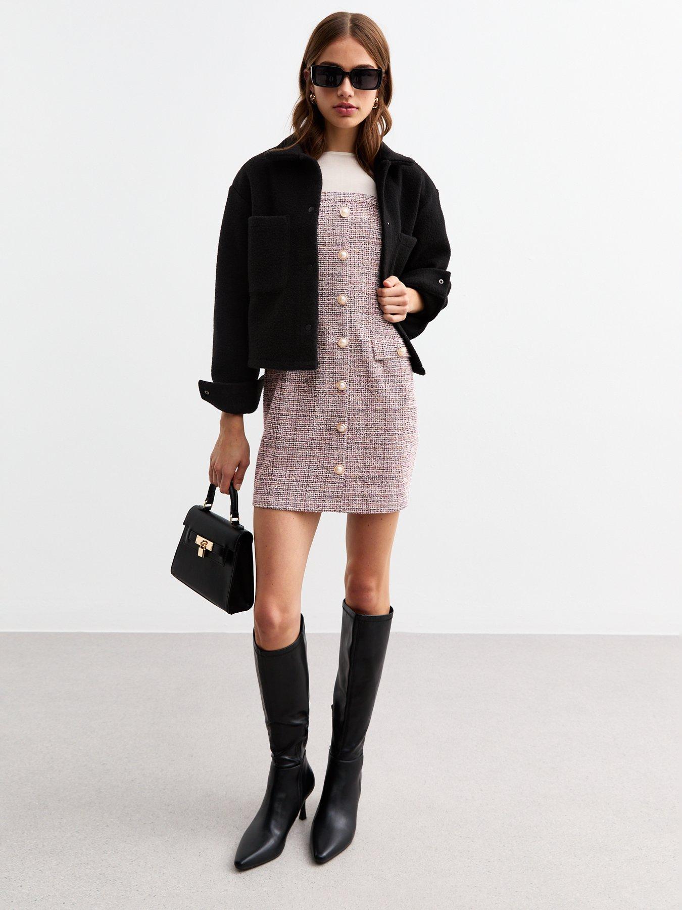  image of new-look-pink-faux-pearl-checked-boucleacute-pinafore-dress