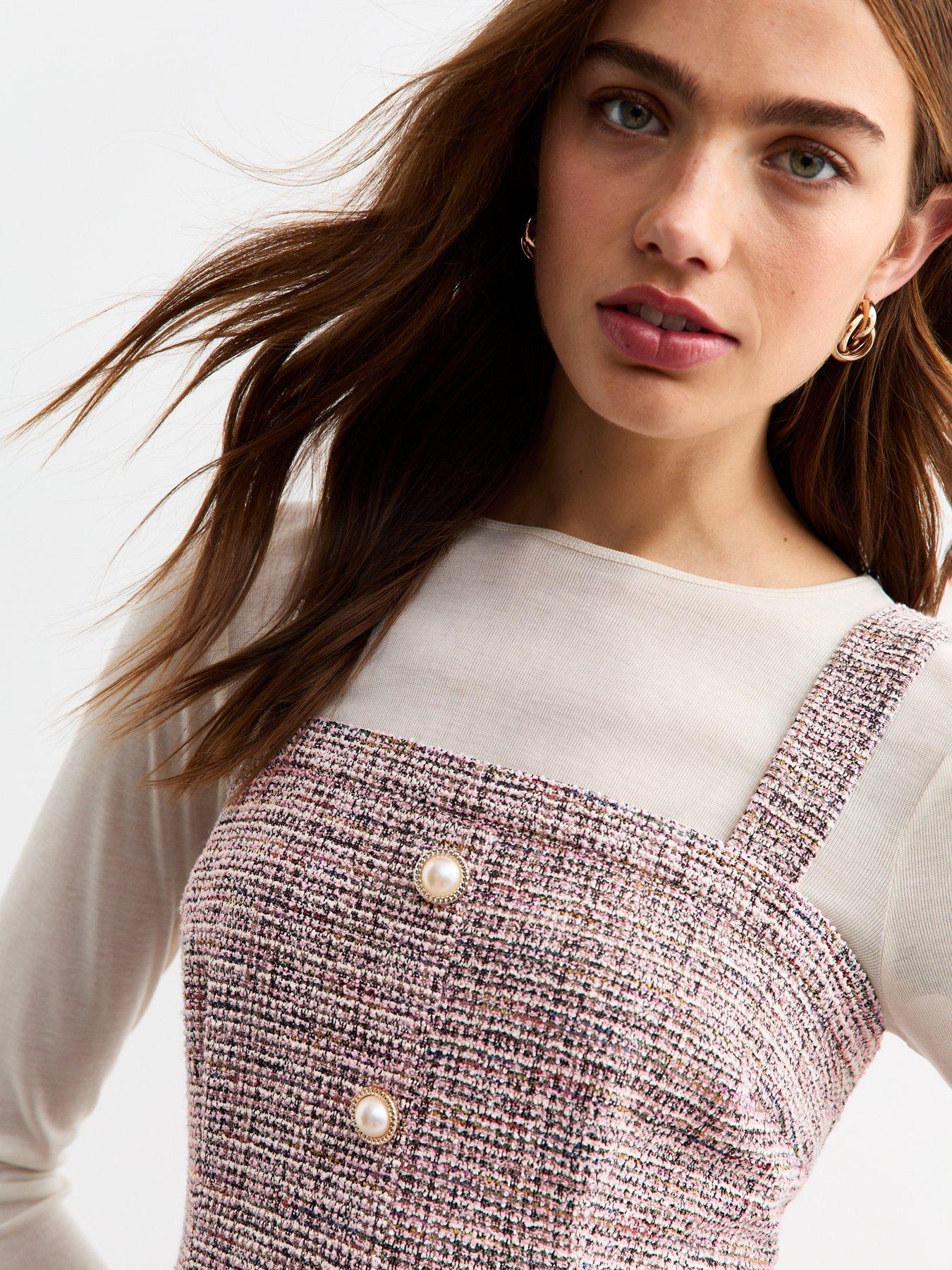  image of new-look-pink-faux-pearl-checked-boucleacute-pinafore-dress