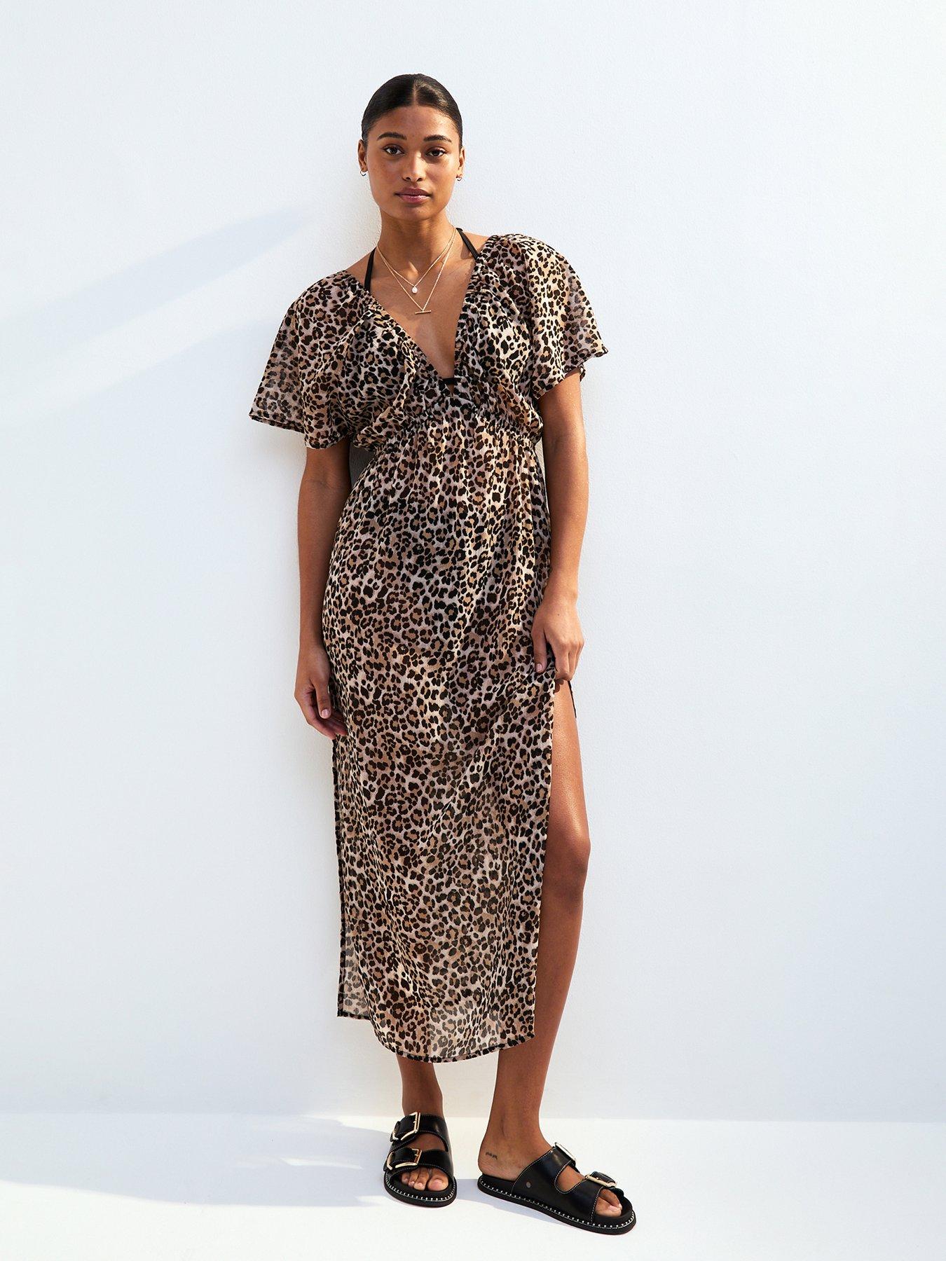  image of new-look-brown-leopard-print-short-sleeve-beach-maxi-dress