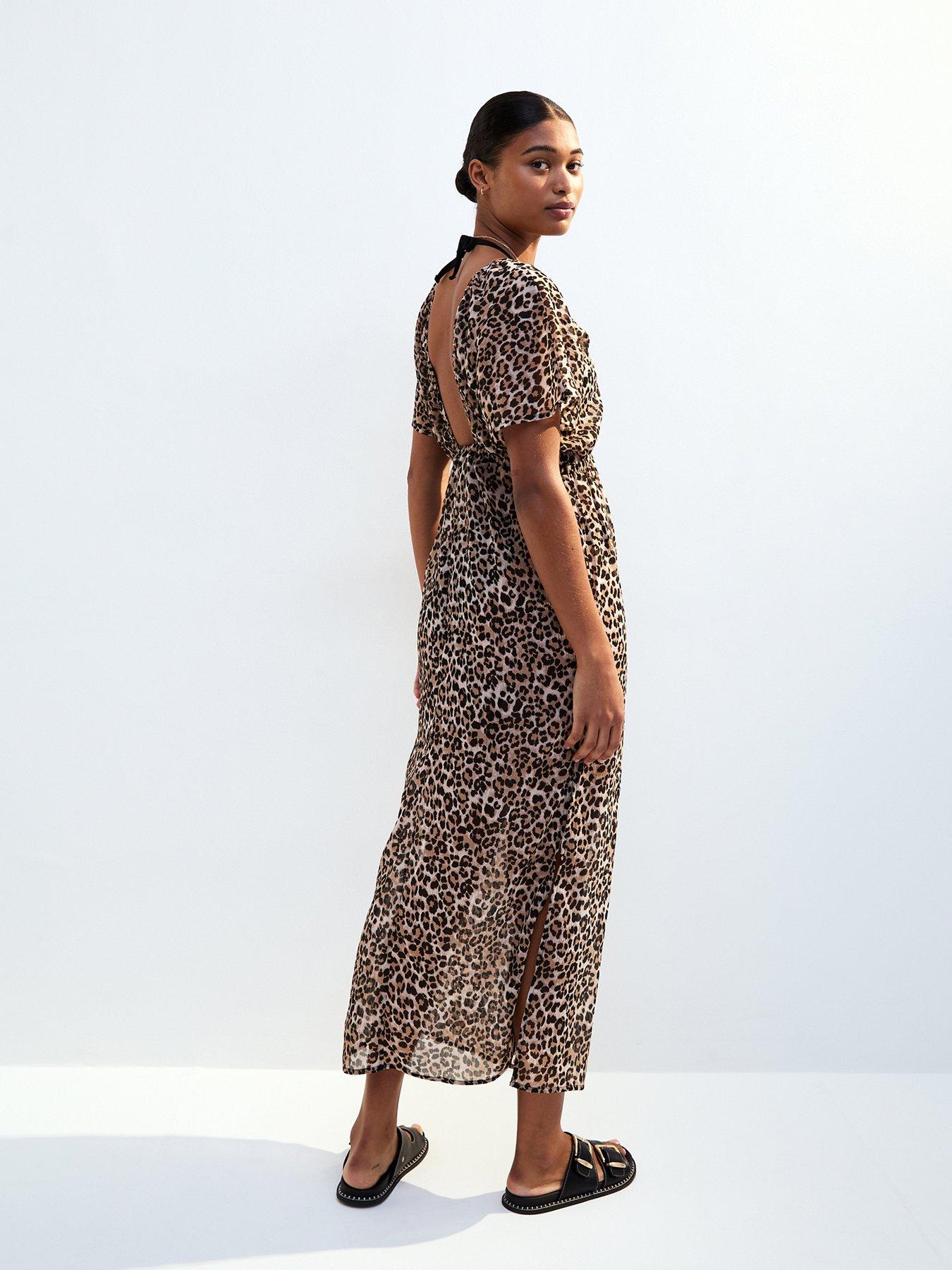  image of new-look-brown-leopard-print-short-sleeve-beach-maxi-dress