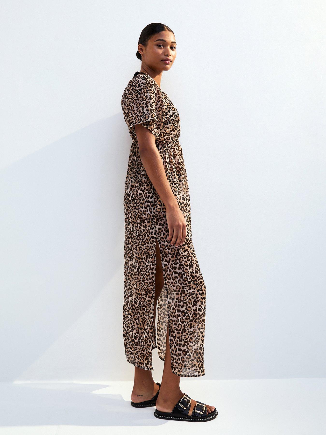  image of new-look-brown-leopard-print-short-sleeve-beach-maxi-dress