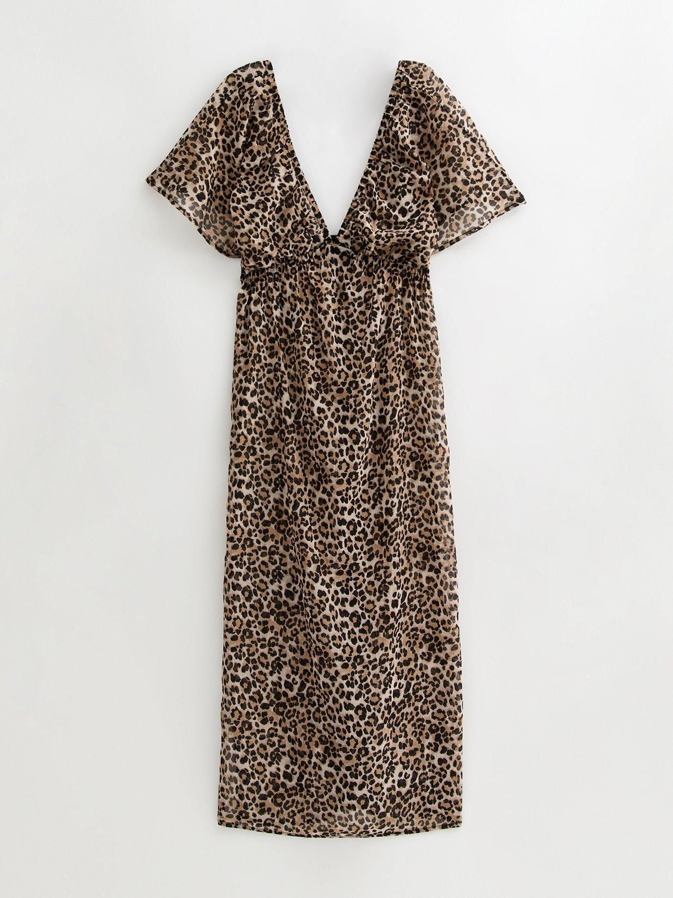  image of new-look-brown-leopard-print-short-sleeve-beach-maxi-dress