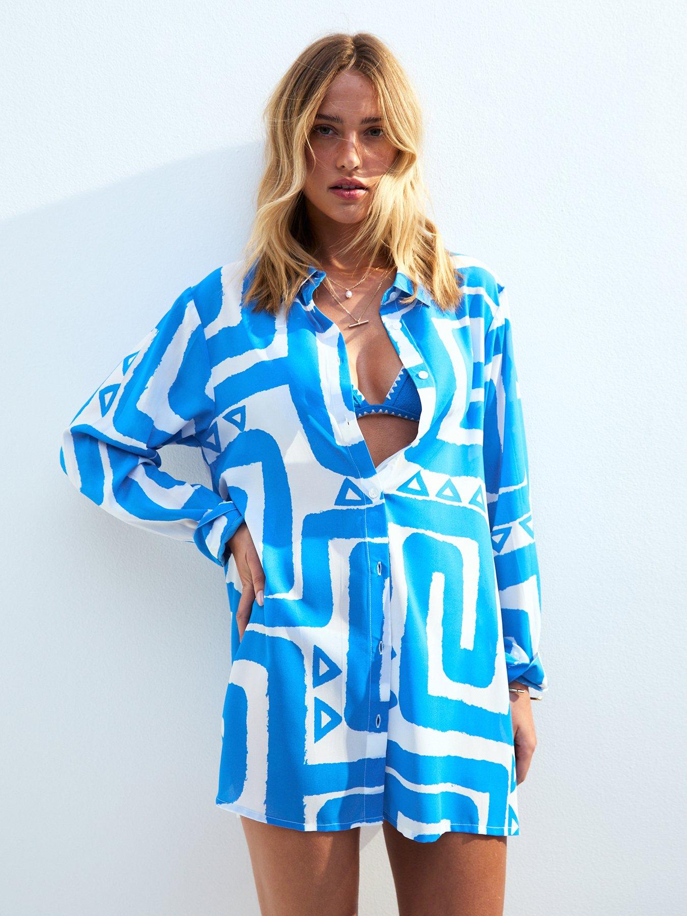 undefined Swirl Patterned Long Beach Shirt - Blue Print