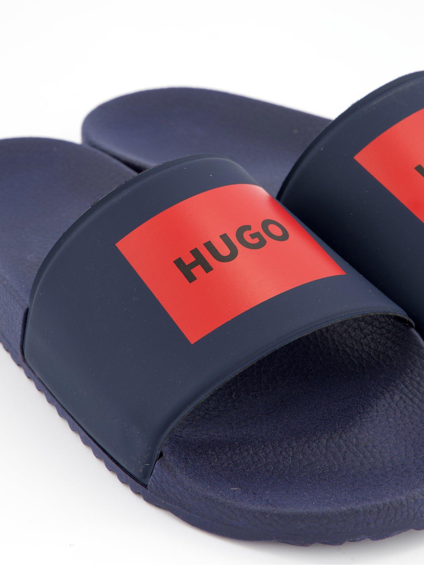 HUGO Men's Timein Red Patch Logo Sliders - Dark Blue | Littlewoods