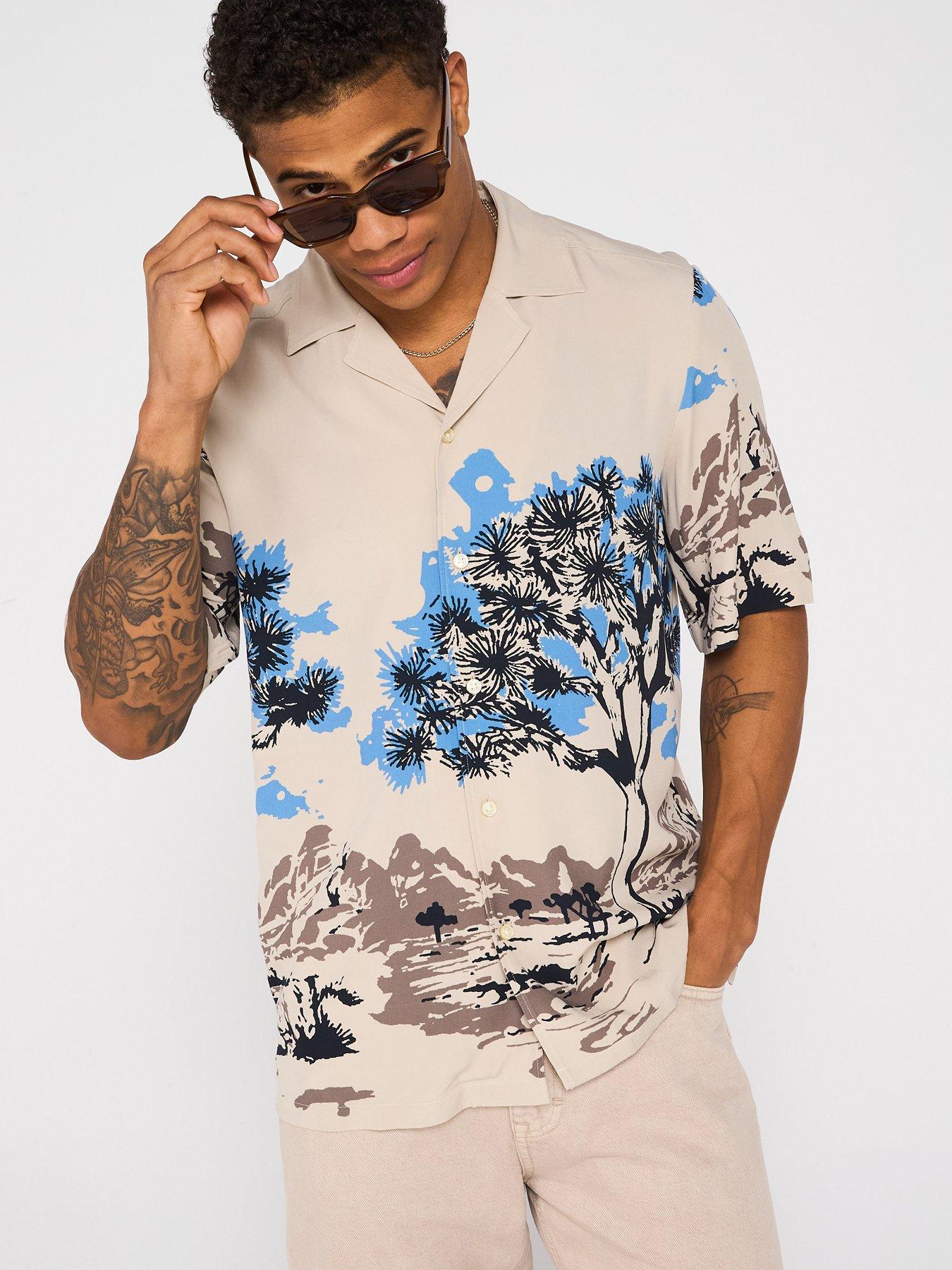 front image of boss-rayer-m-cuban-collar-shirt-light-beige