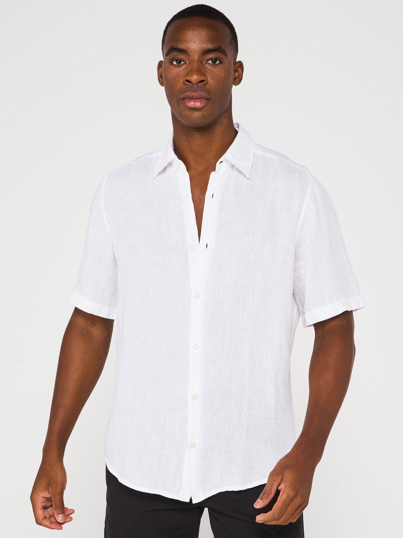 BOSS Short Sleeve Regular Fit Linen Shirt - White