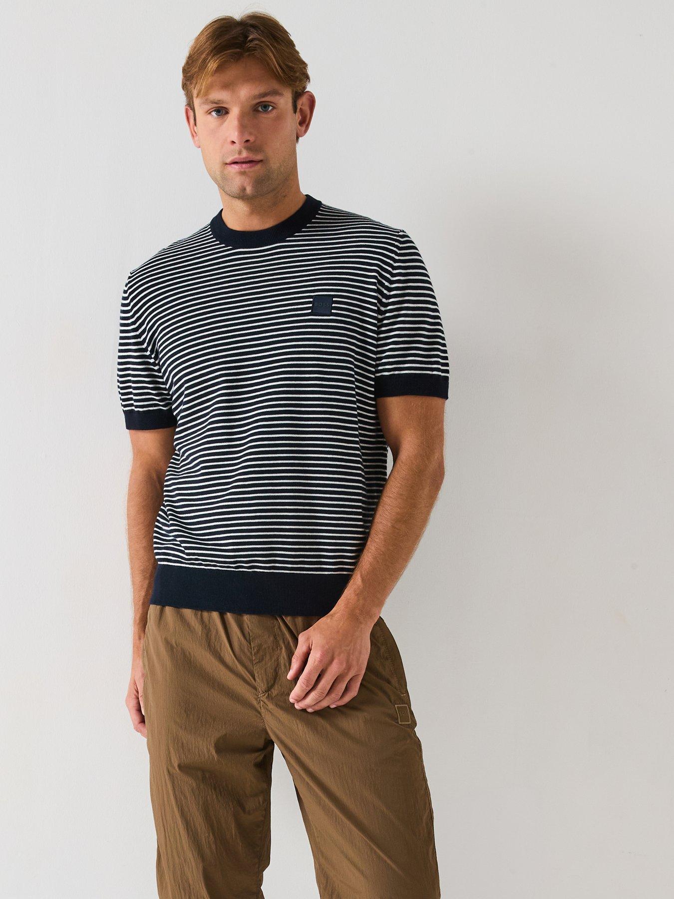 undefined Kanache Short Sleeve Knitted Stripe Crew Neck Jumper- Dark Blue