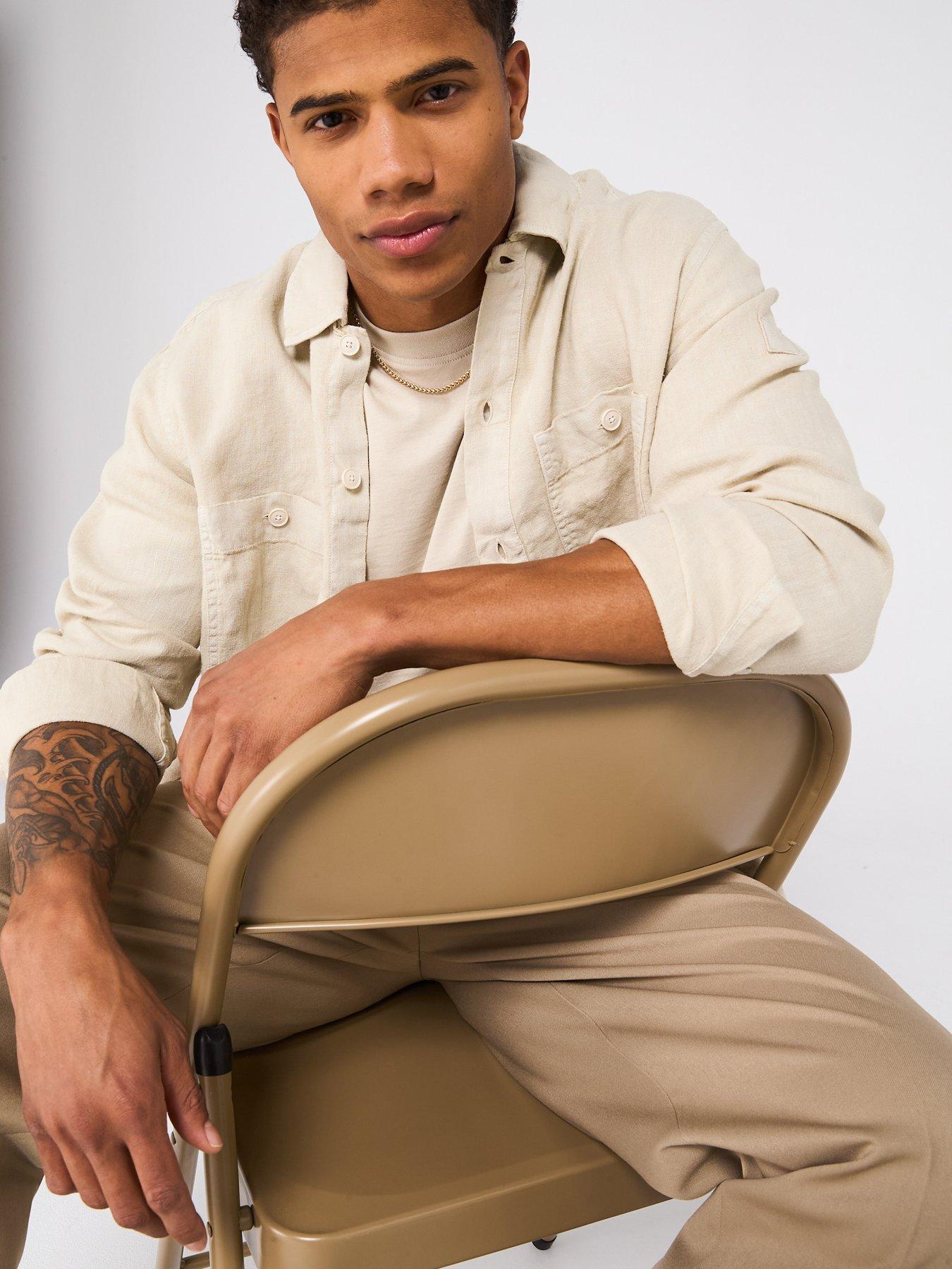  image of boss-locky-linen-double-pocket-shirt-light-beige
