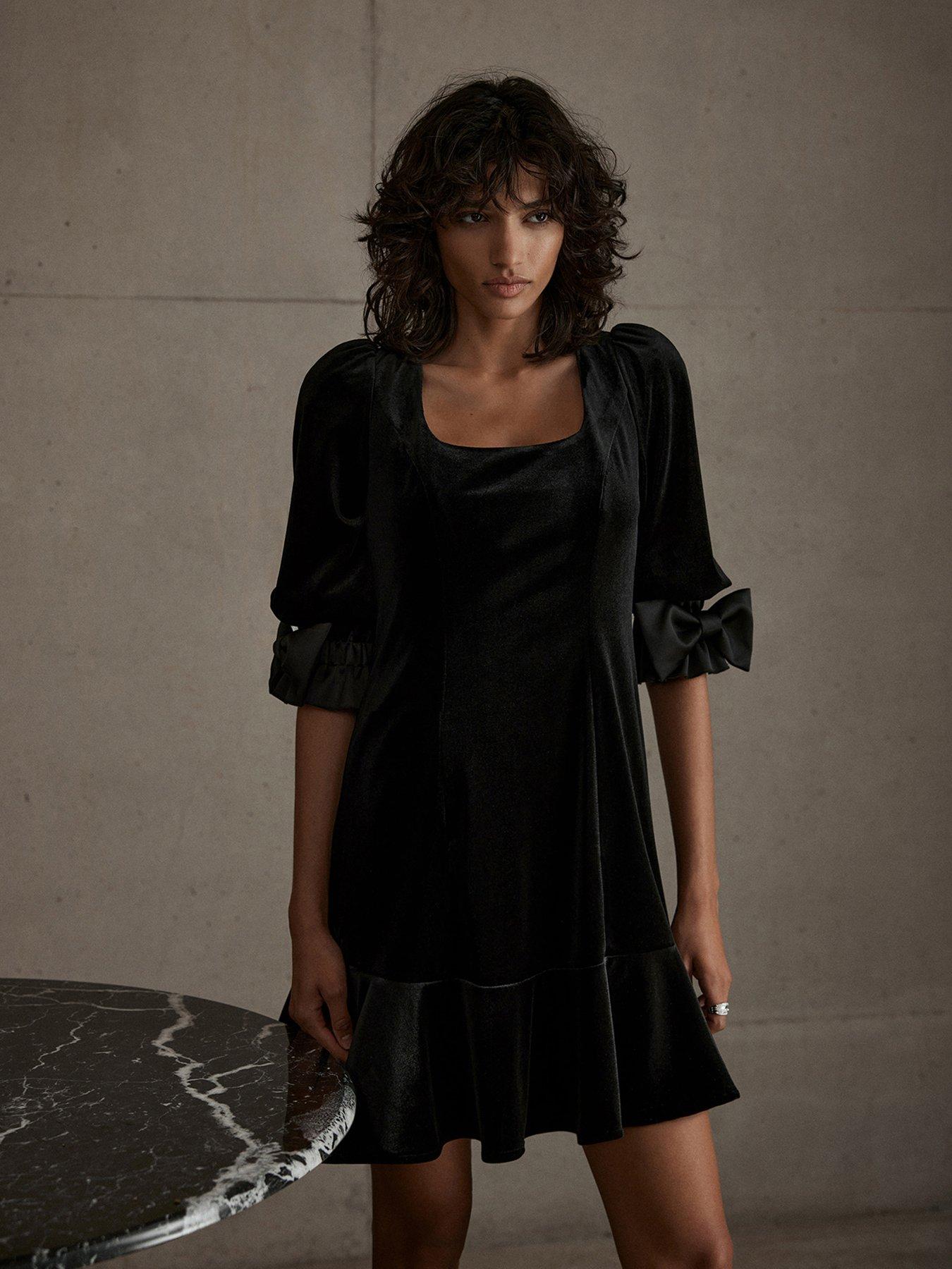 undefined Bow Detail Velvet Mini Dress - Black