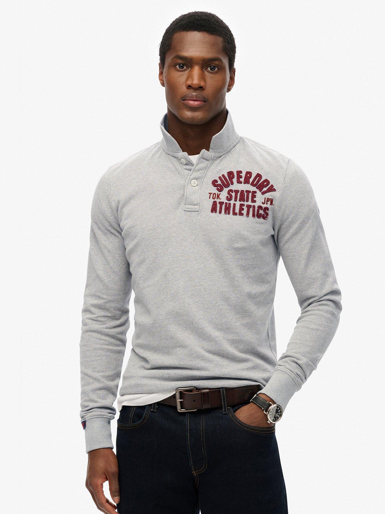 undefined Long Sleeve Vintage Athletic Logo Polo Shirt- Light Grey