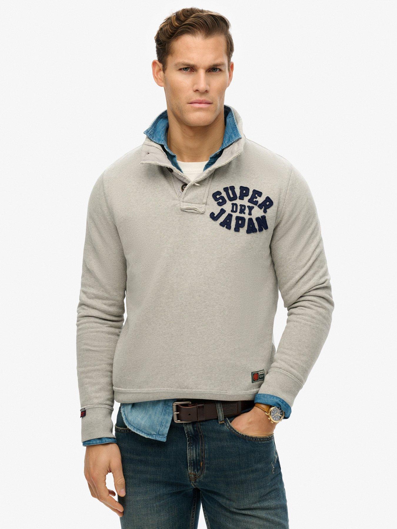 Superdry Vintage Athletic Logo Henley Crew Sweat Top- Light Grey