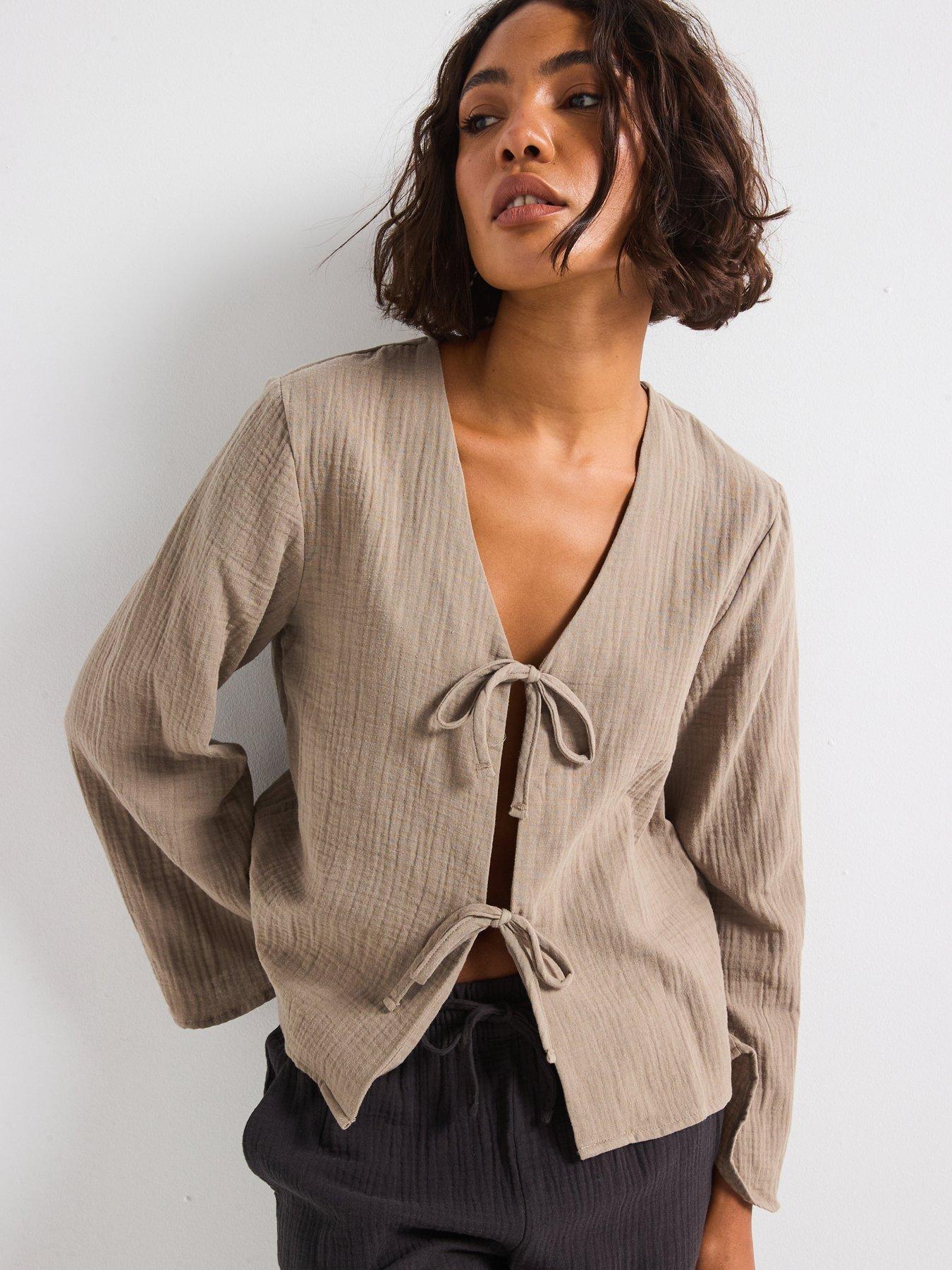  image of jdy-tie-detail-blouse-brown