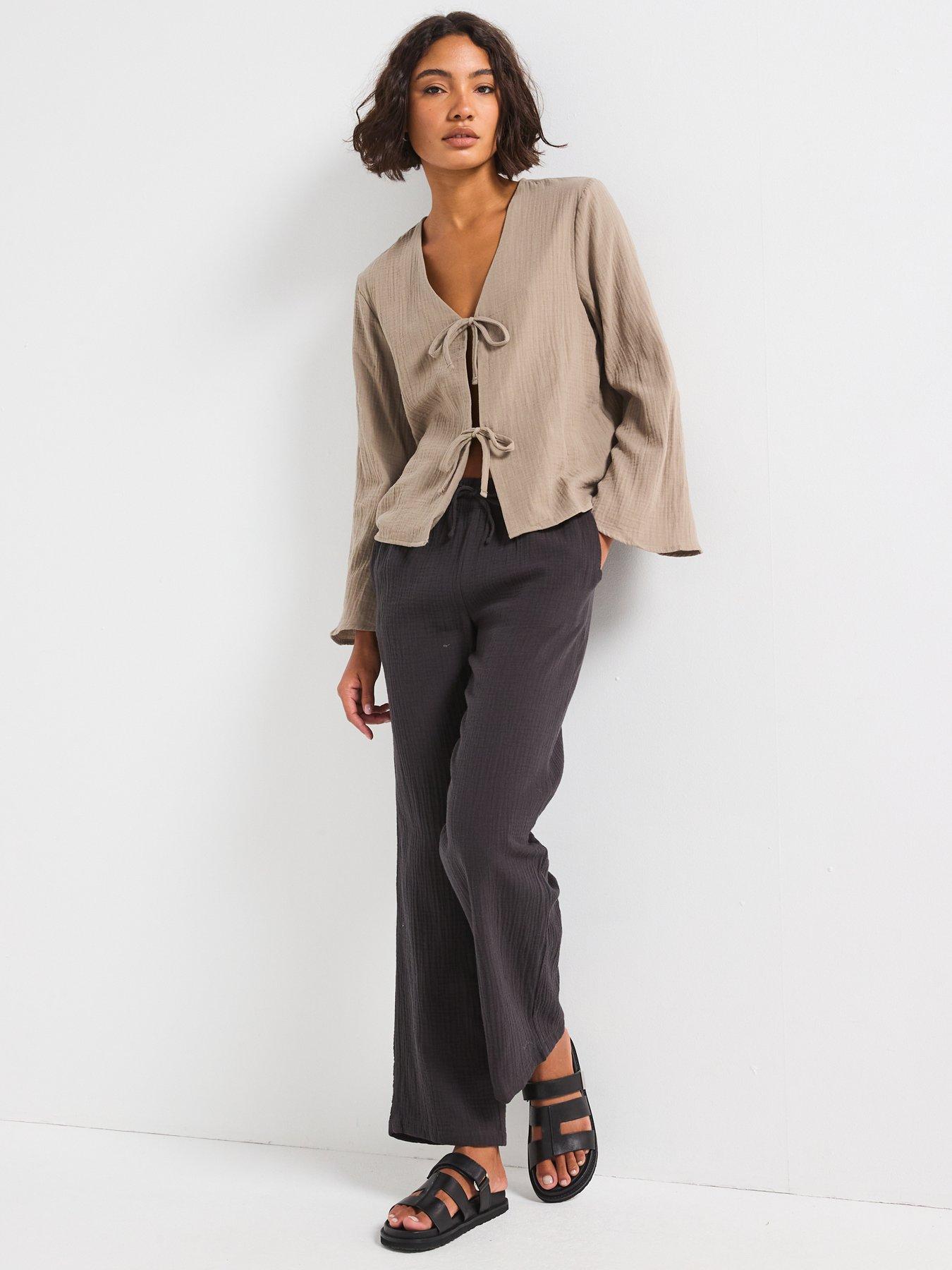  image of jdy-tie-detail-blouse-brown