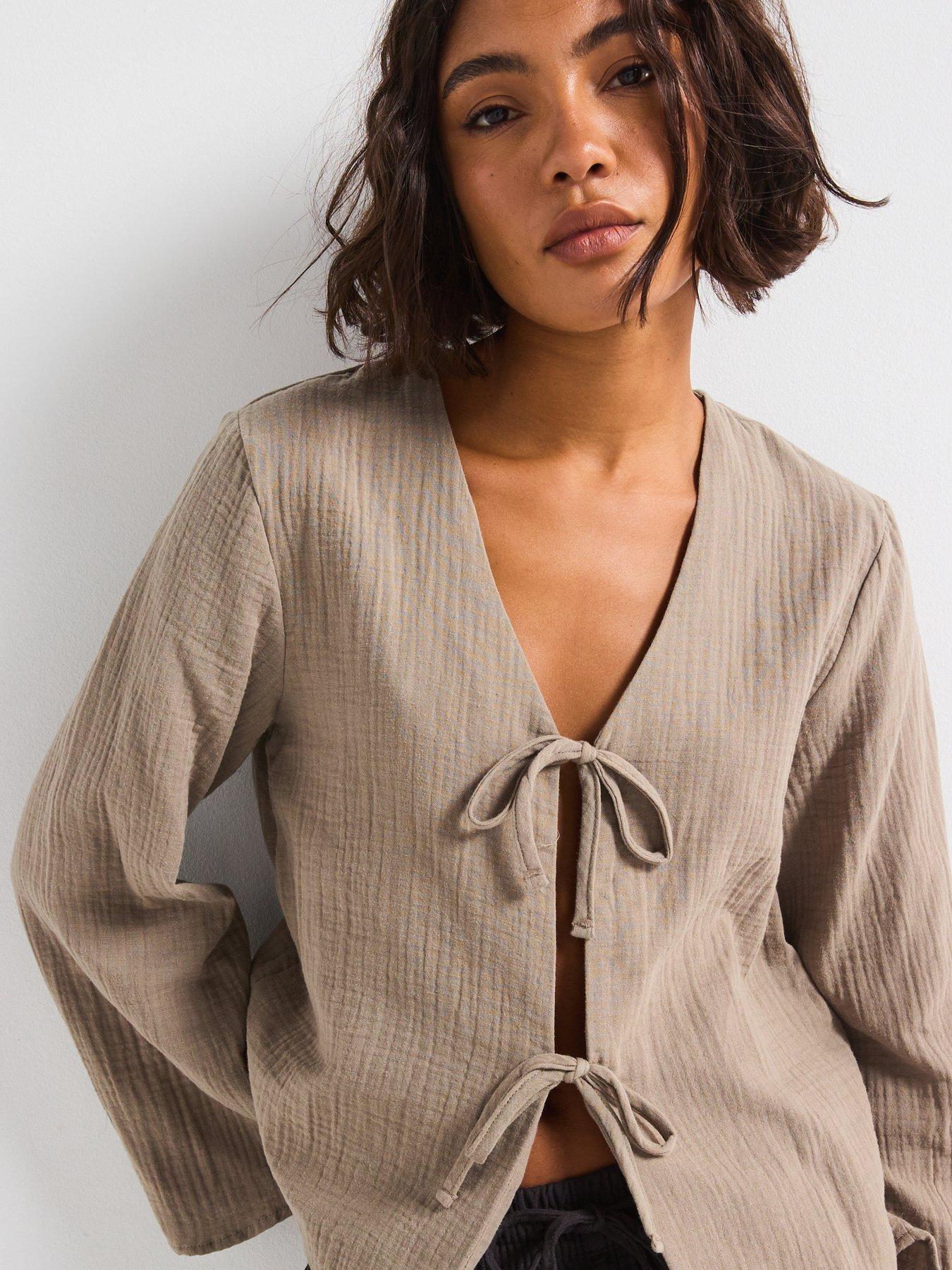 image of jdy-tie-detail-blouse-brown