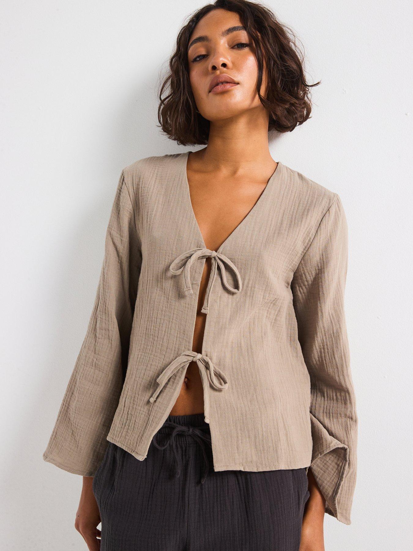  image of jdy-tie-detail-blouse-brown