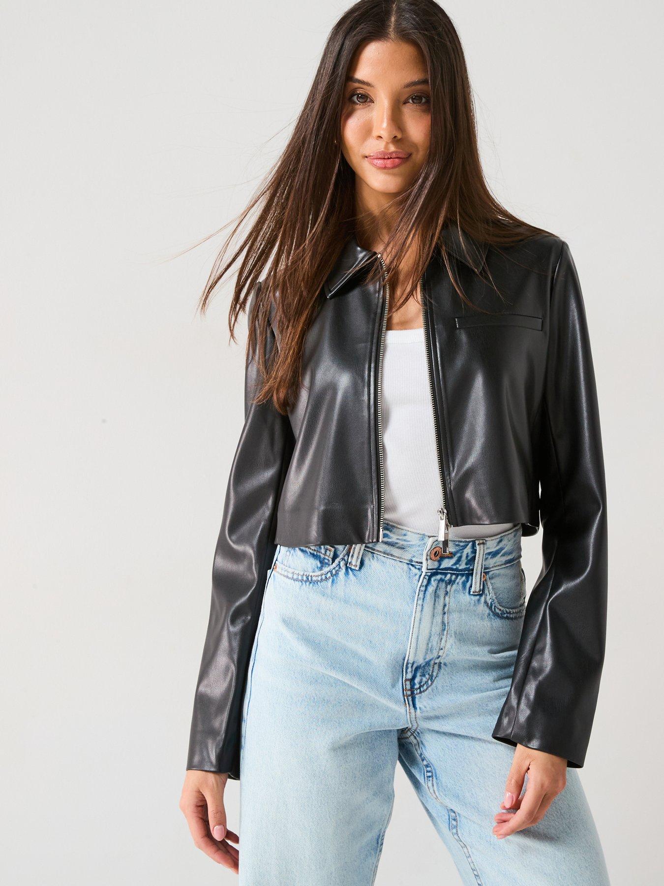 undefined Faux Leather Zip Front Jacket - Black
