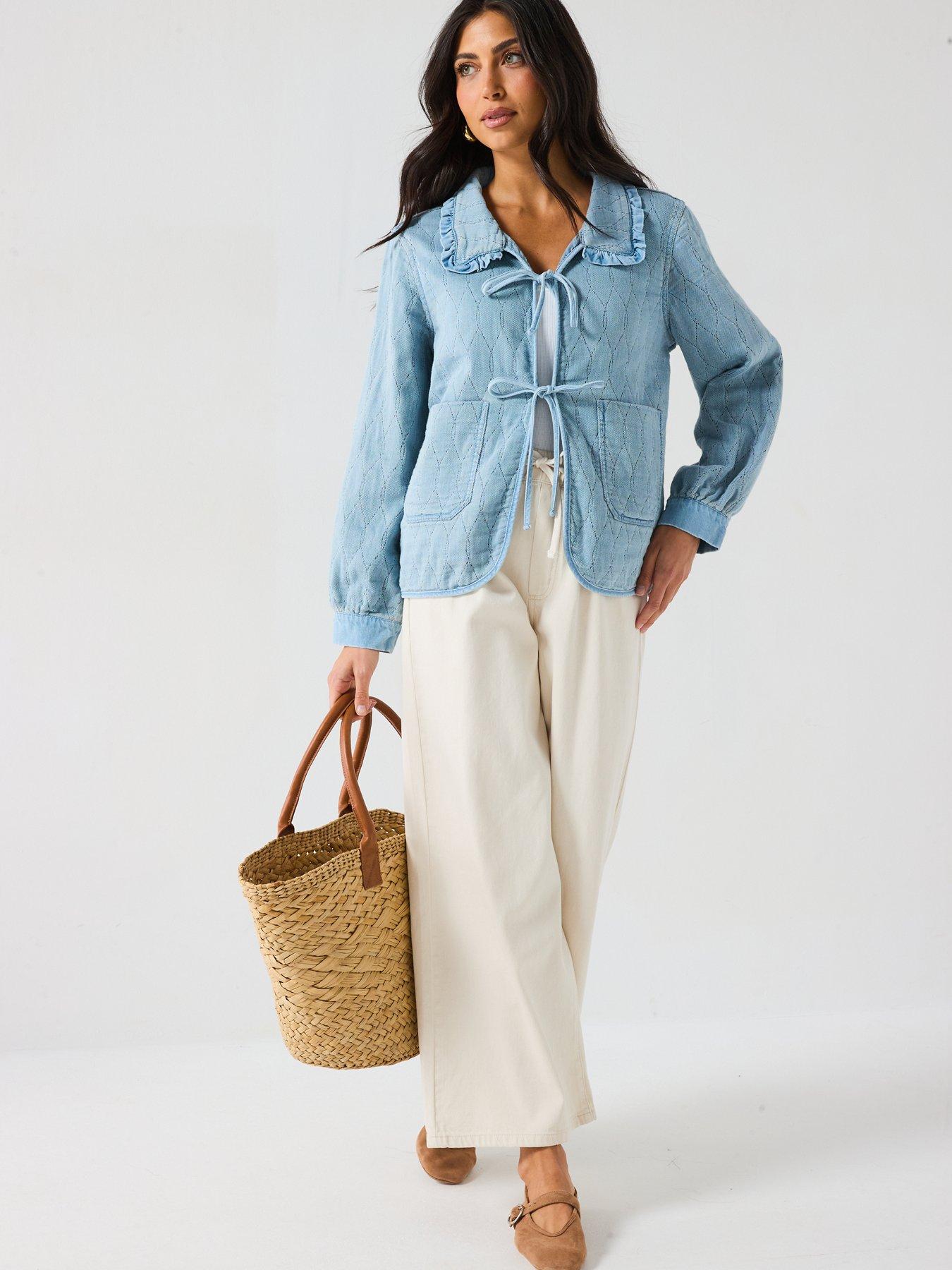  image of only-tie-front-denim-shacket-blue