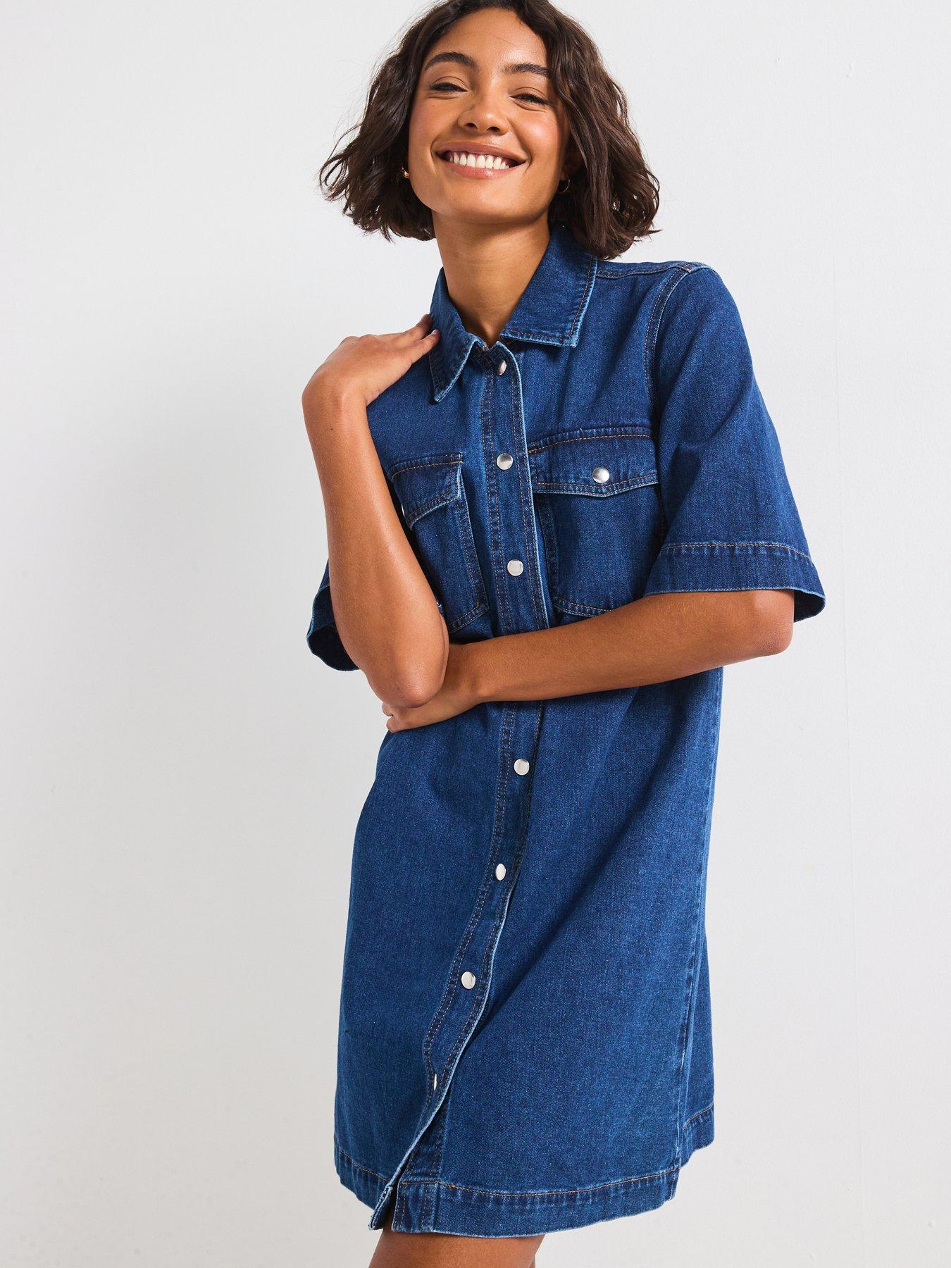  image of only-belle-short-sleeve-button-denim-dress-dark-blue