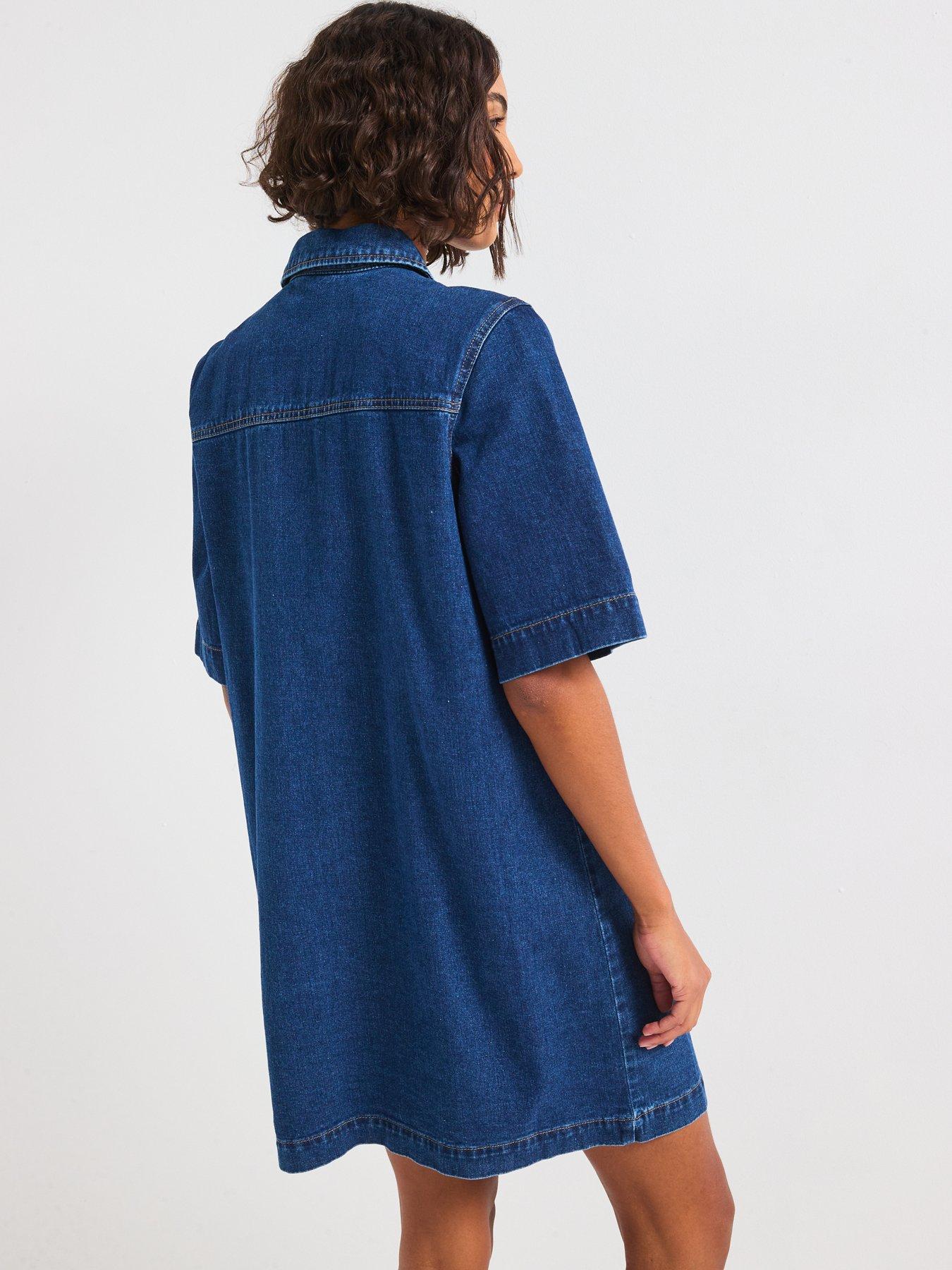  image of only-belle-short-sleeve-button-denim-dress-dark-blue