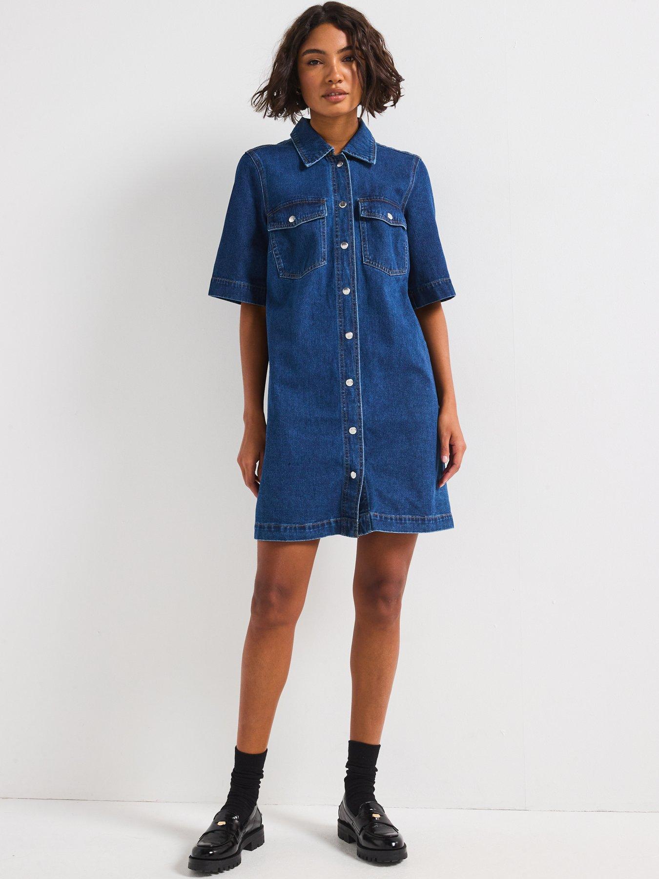  image of only-belle-short-sleeve-button-denim-dress-dark-blue