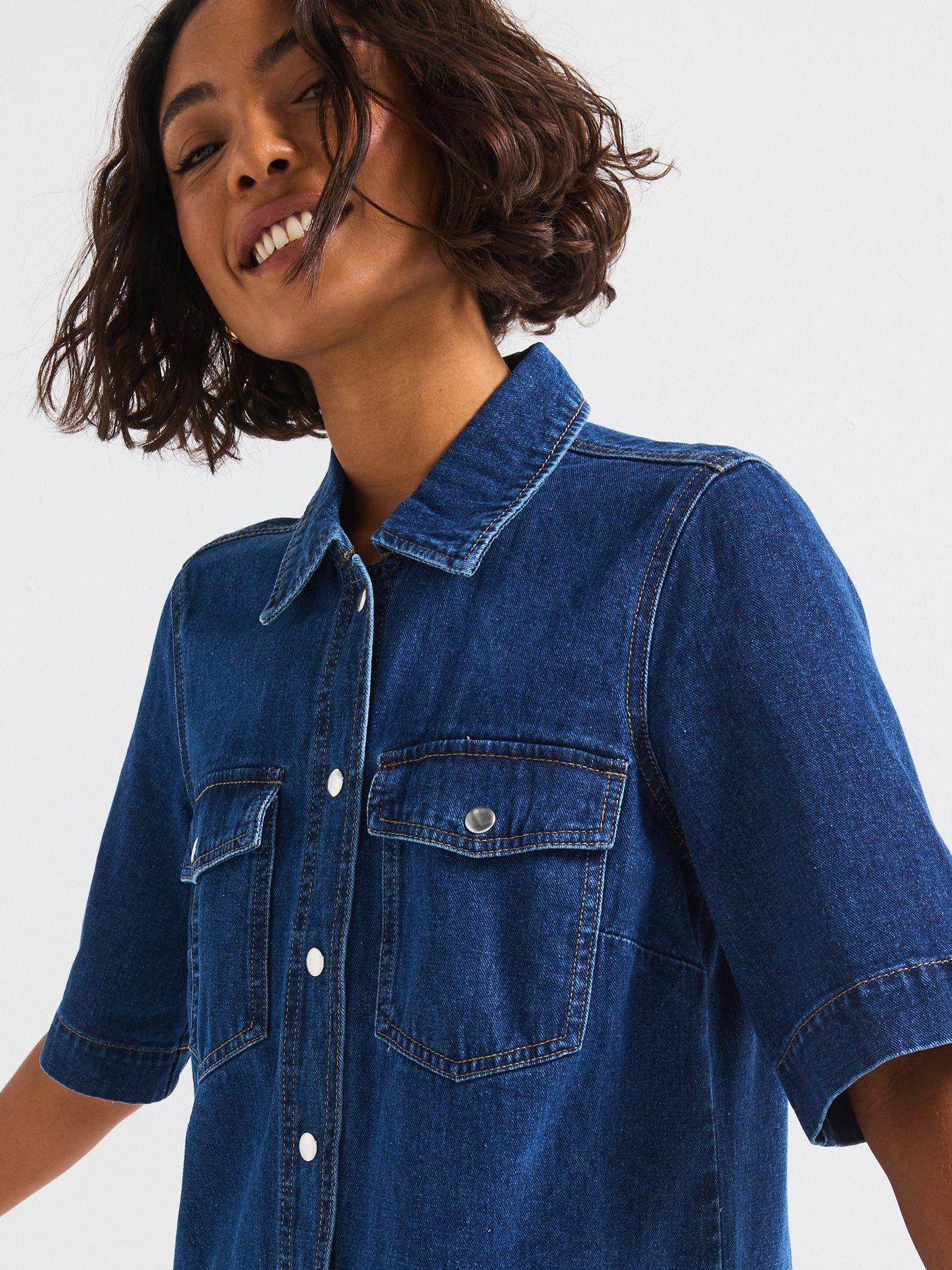  image of only-belle-short-sleeve-button-denim-dress-dark-blue