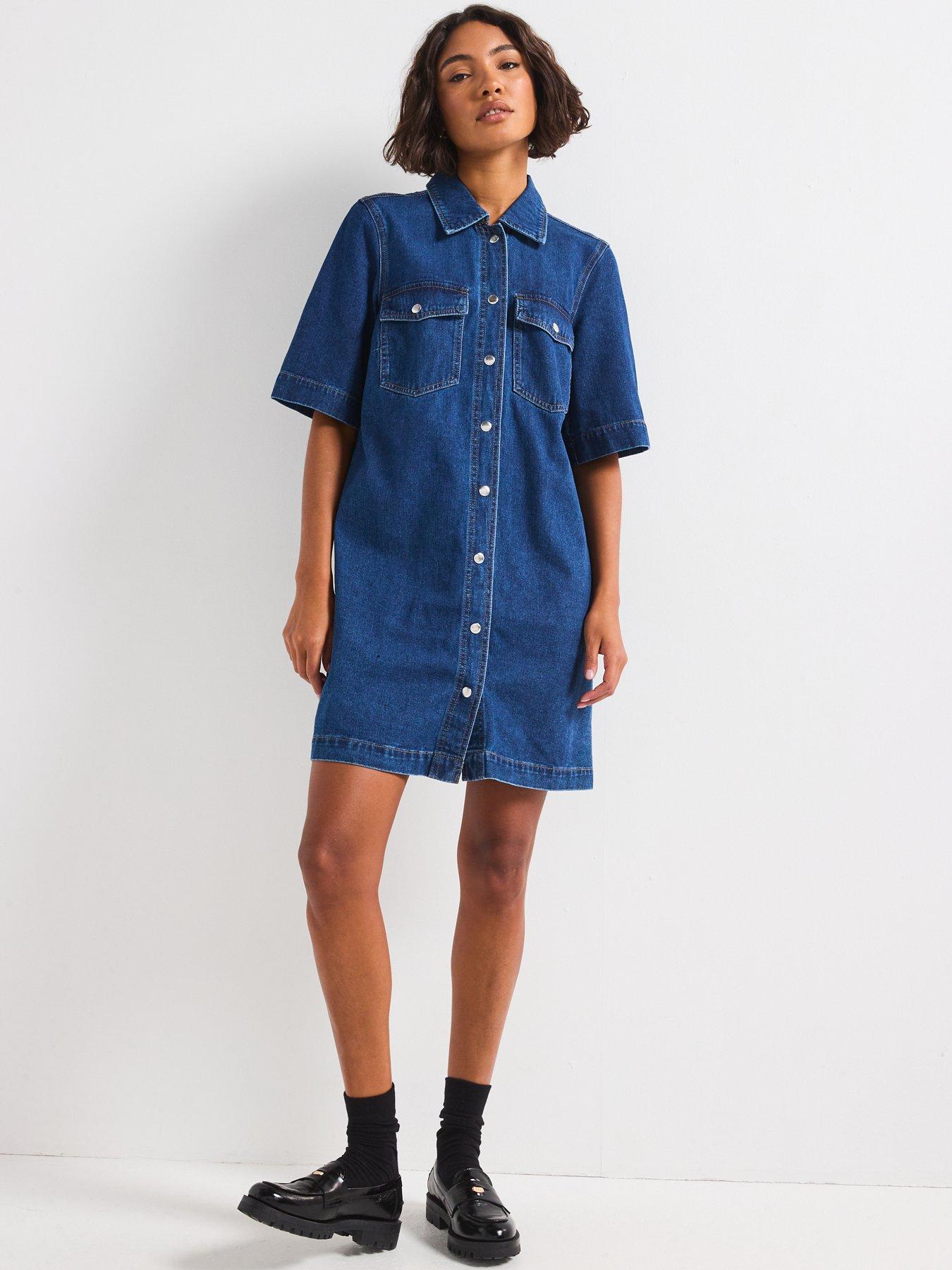 image of only-belle-short-sleeve-button-denim-dress-dark-blue