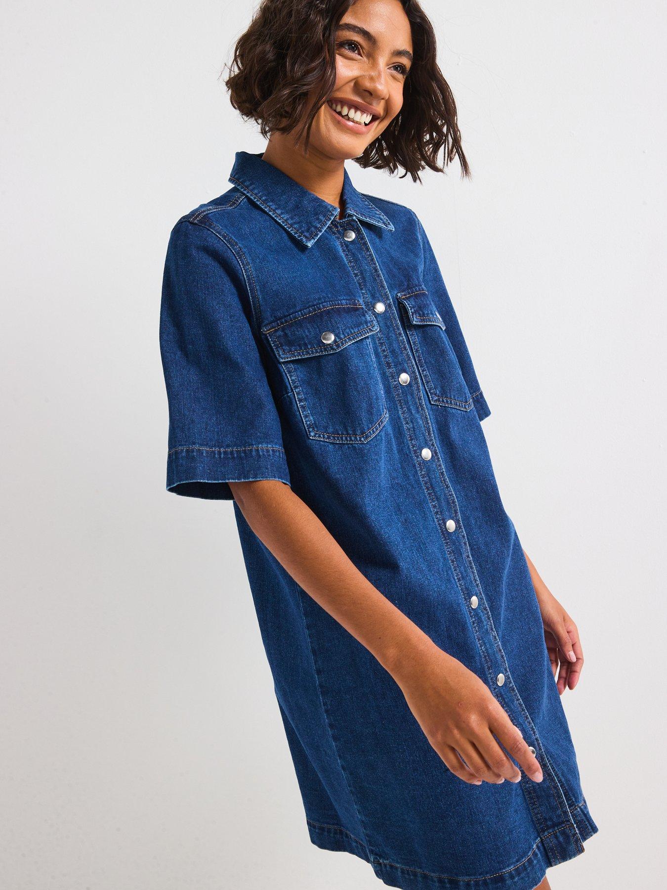  image of only-belle-short-sleeve-button-denim-dress-dark-blue