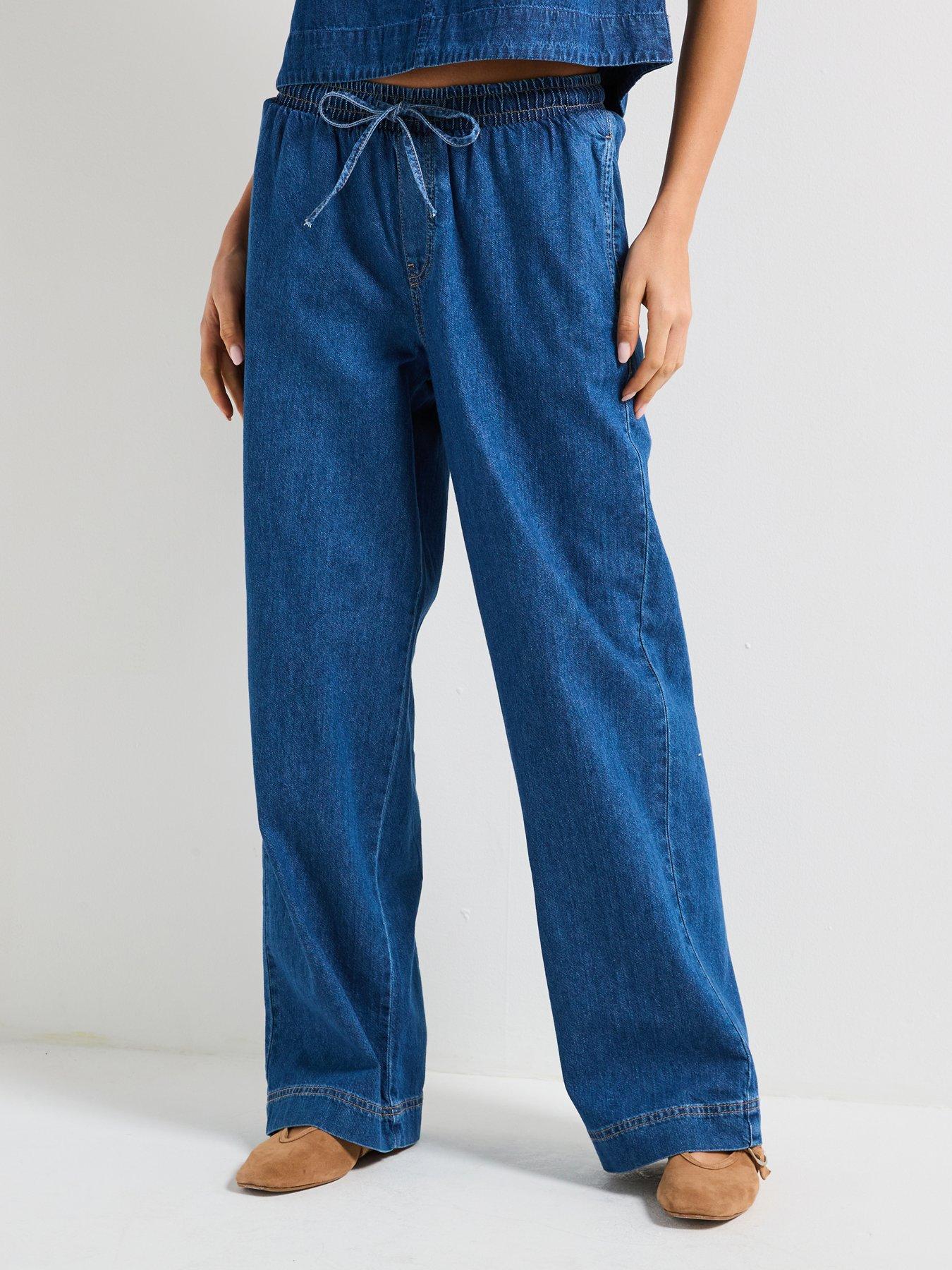 PIECES Tabi Mid Waist Pull Denim Trousers - Blue