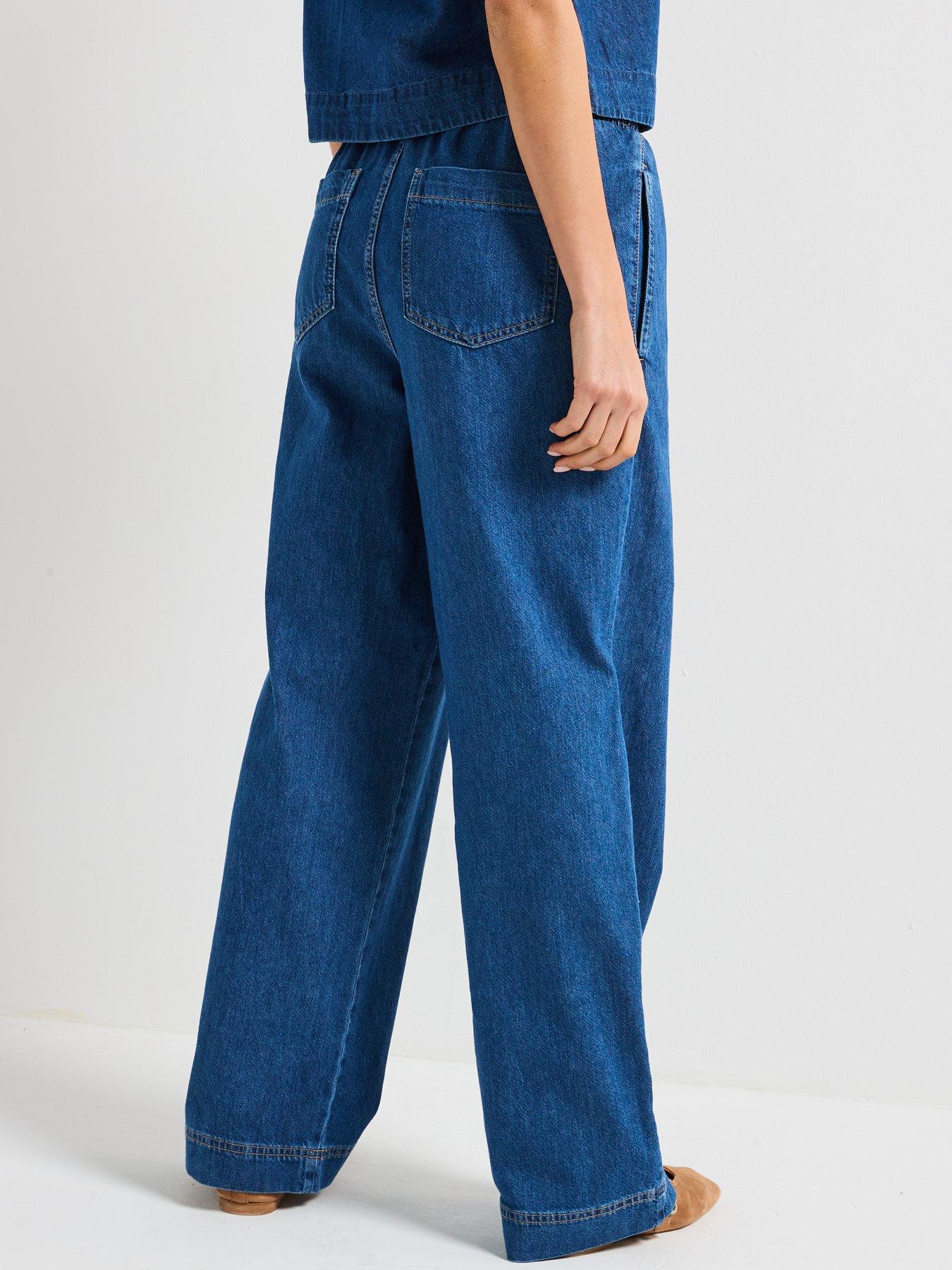 stillFront image of pieces-tabi-mid-waist-pull-denim-trousers-blue