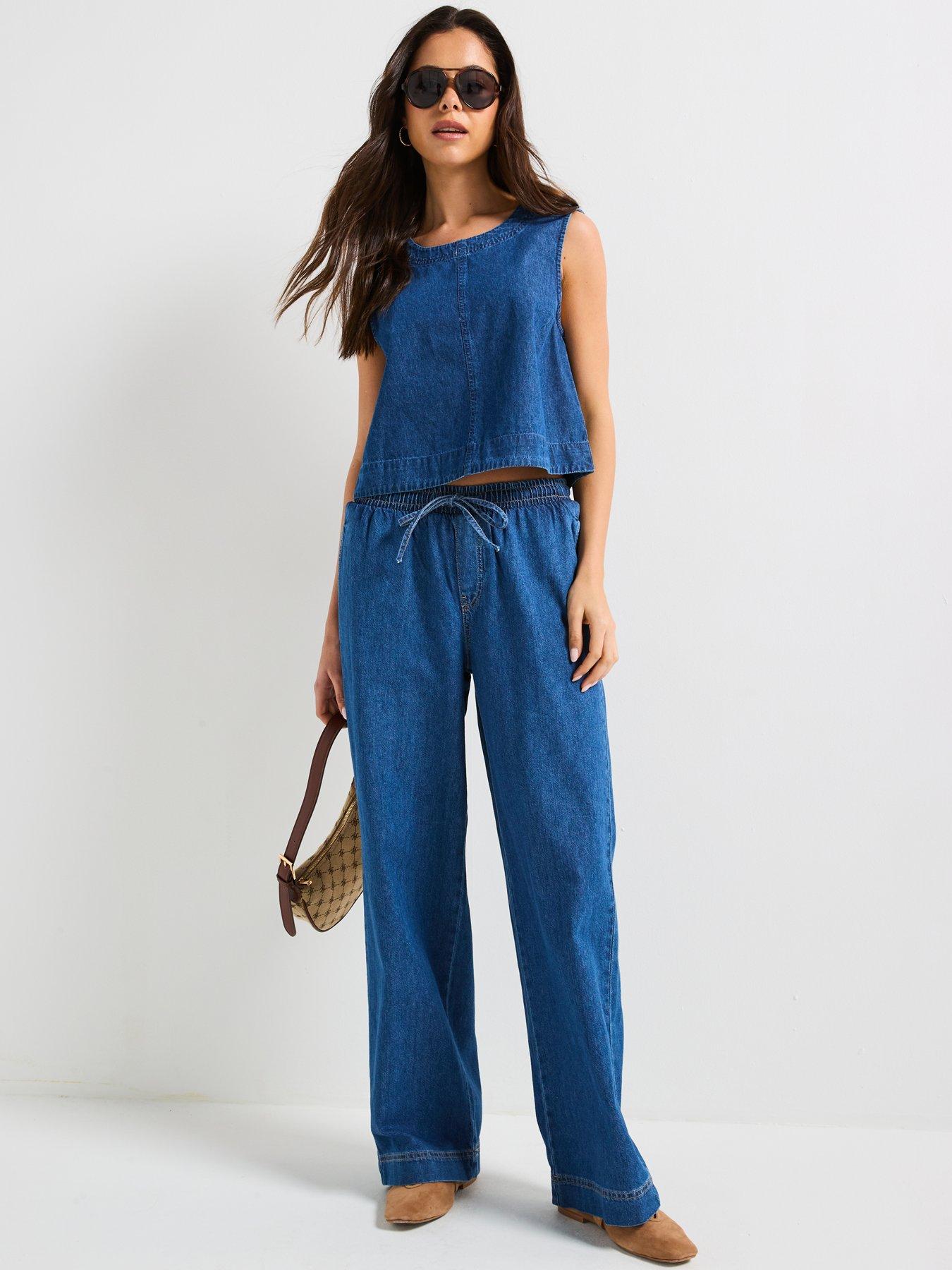  image of pieces-tabi-mid-waist-pull-denim-trousers-blue