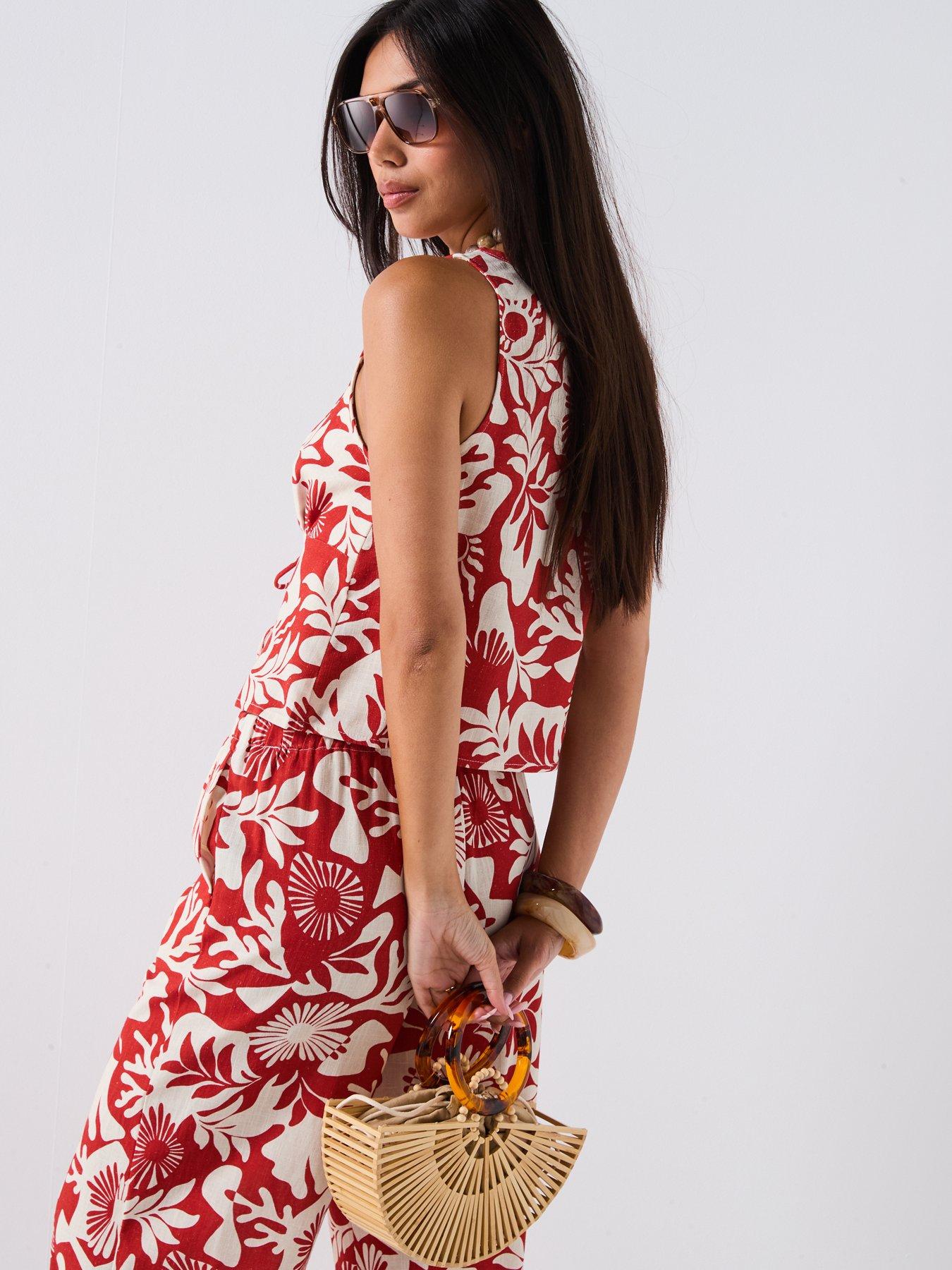  image of v-by-very-printed-leaf-tie-front-blouse-co-ord-brown