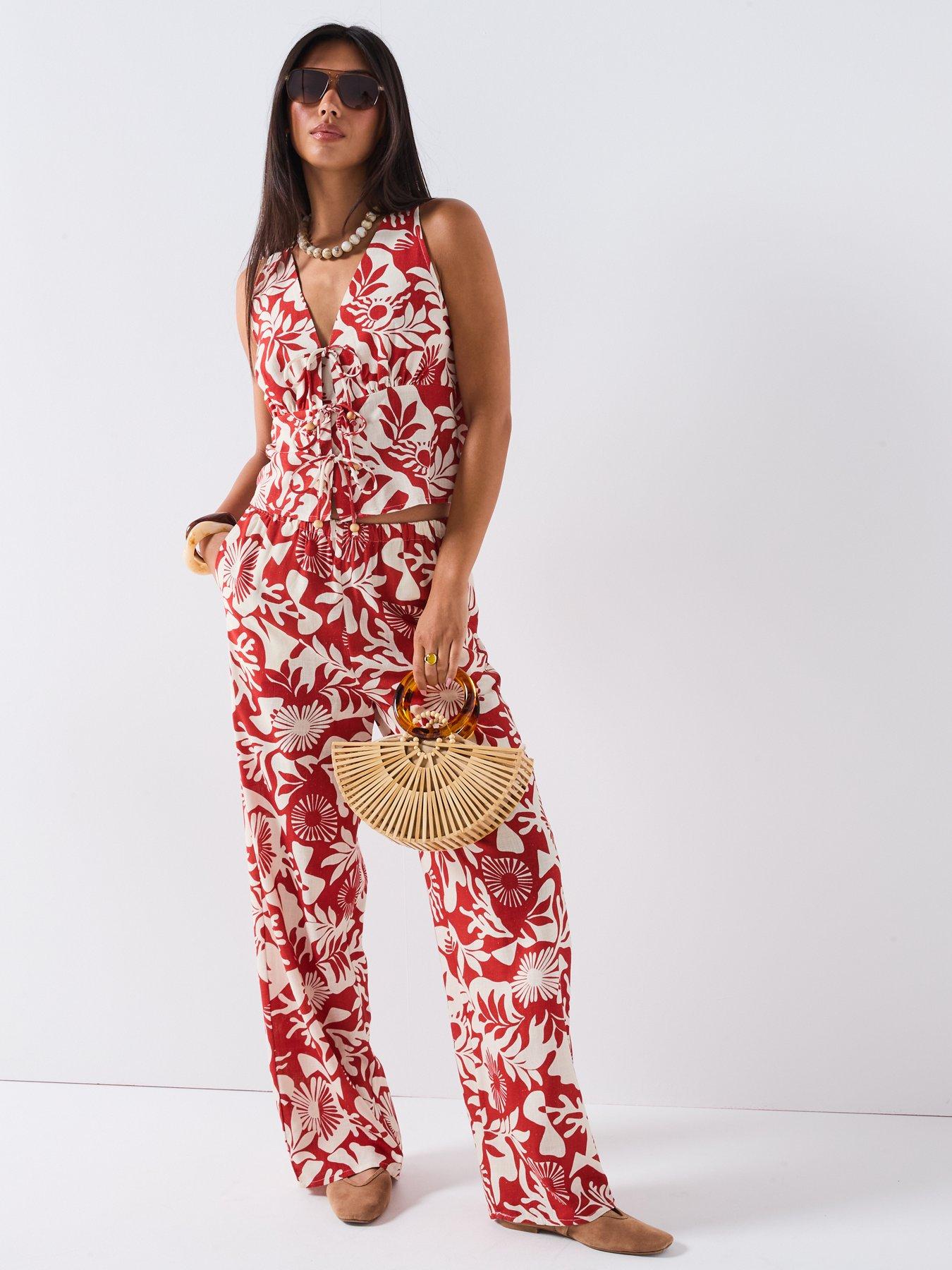  image of v-by-very-printed-leaf-tie-front-blouse-co-ord-brown