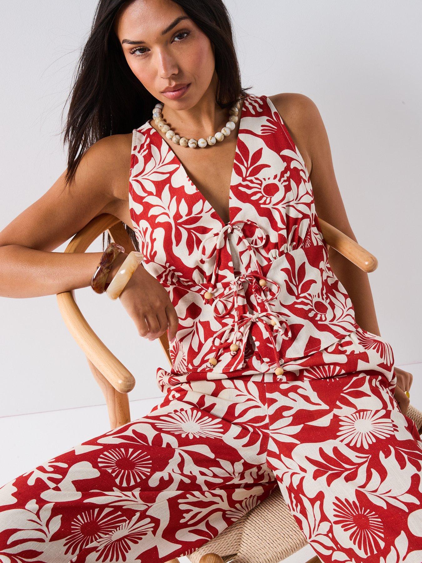  image of v-by-very-printed-leaf-tie-front-blouse-co-ord-brown