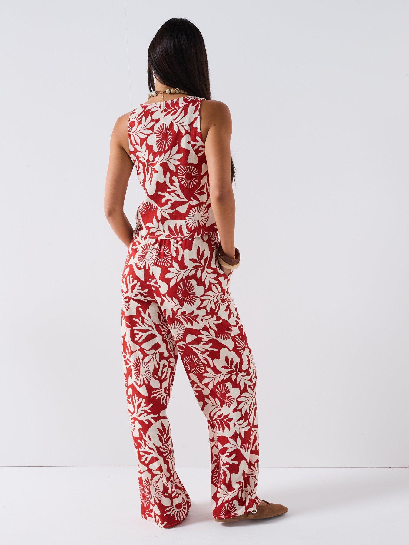  image of v-by-very-printed-leaf-tie-front-blouse-co-ord-brown