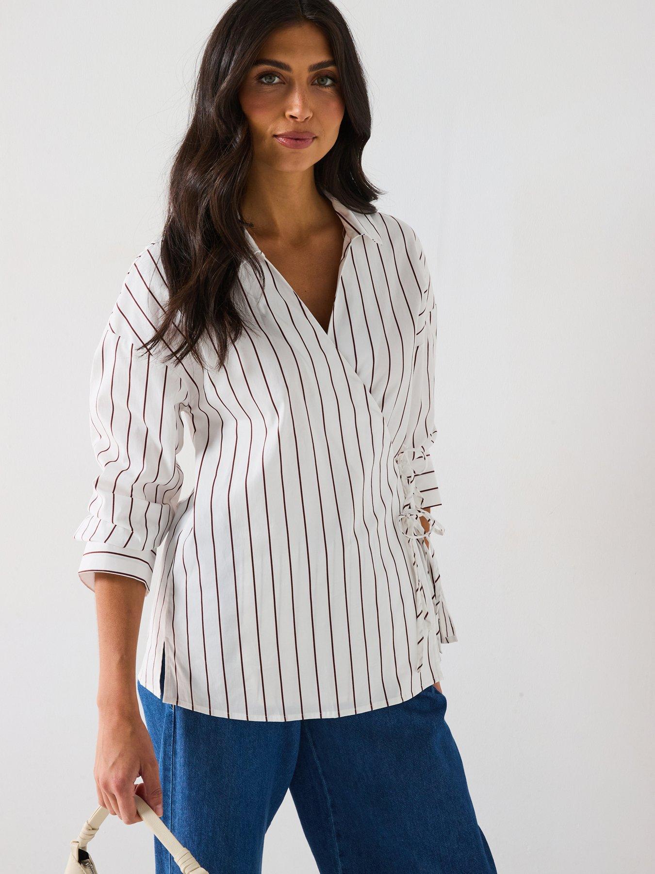 Only Tie Detail Stripe Cross Over Shirt - White