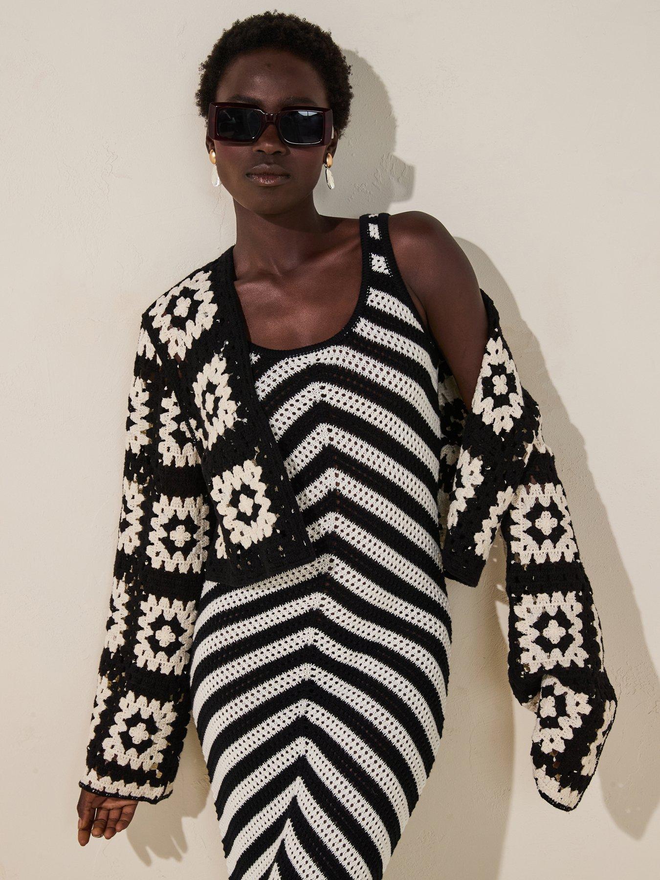 V by Very Cotton Rich Cropped Crochet Cardigan - Black/white
