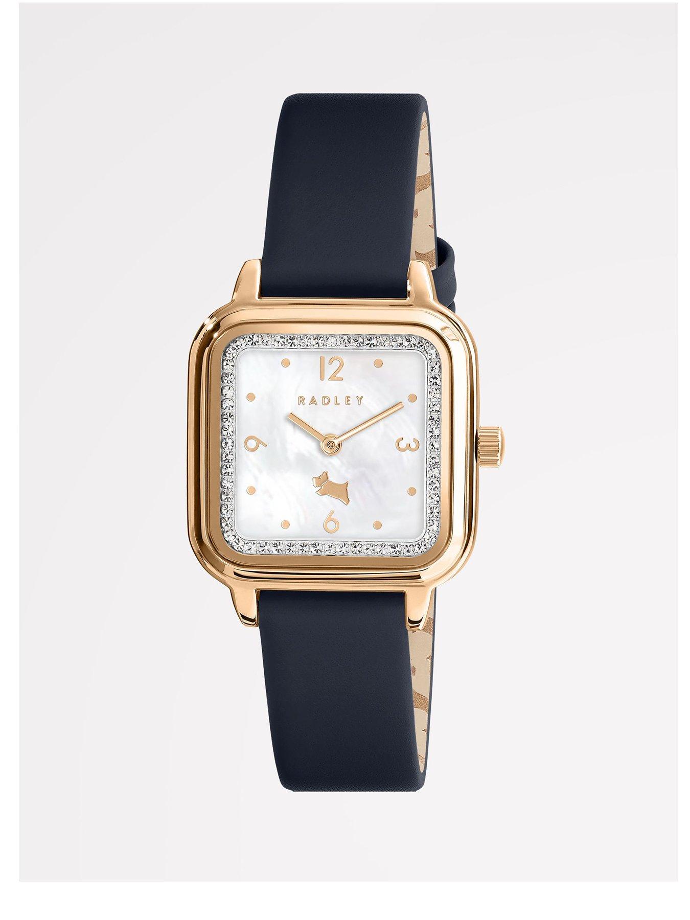 undefined Square Rose Gold Plated Ink Blue Leather Strap Watch