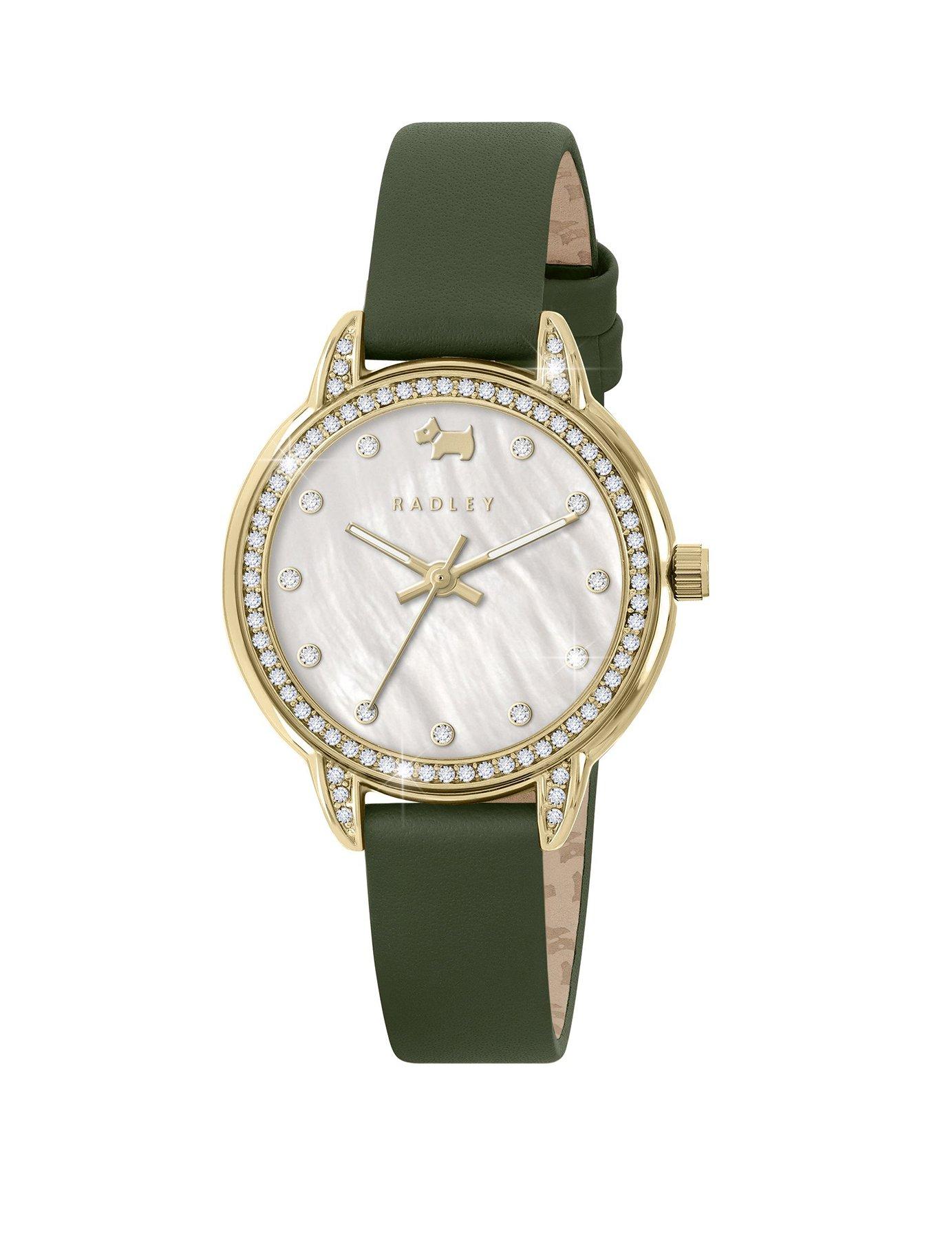  image of radley-gold-plated-stone-set-dark-green-leather-strap-watch