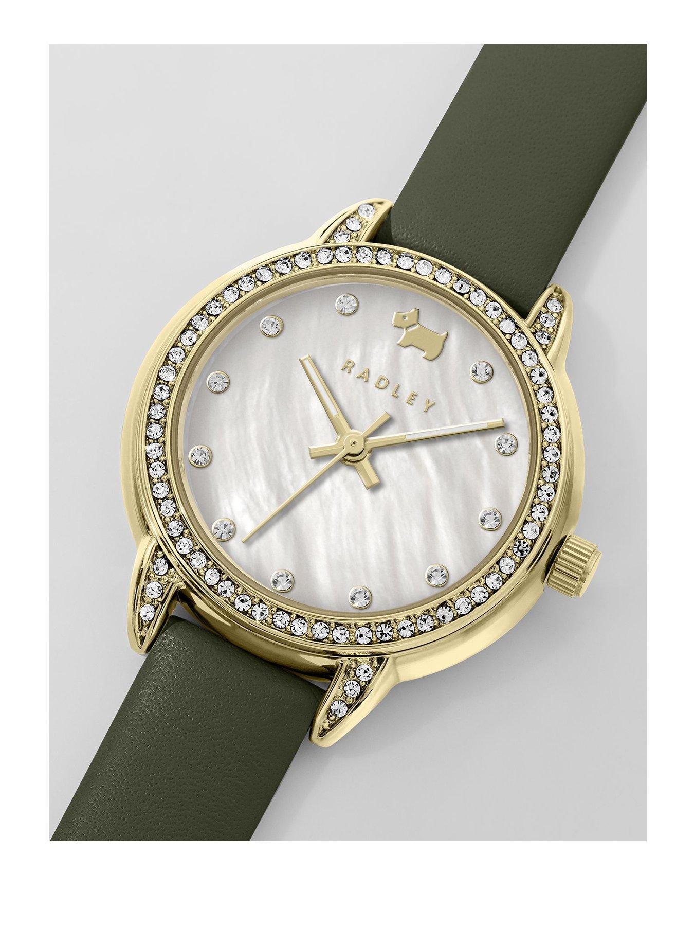  image of radley-gold-plated-stone-set-dark-green-leather-strap-watch