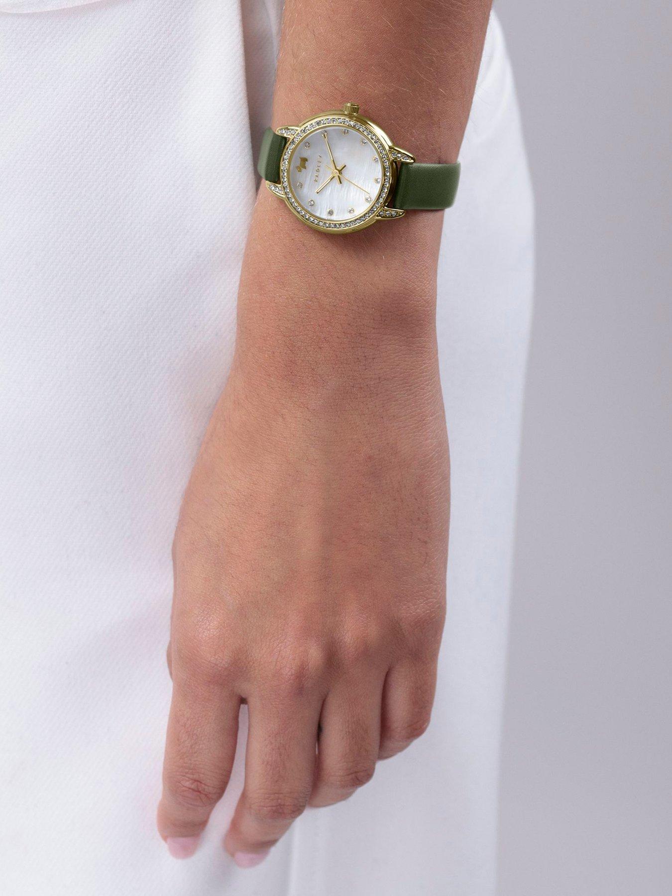  image of radley-gold-plated-stone-set-dark-green-leather-strap-watch