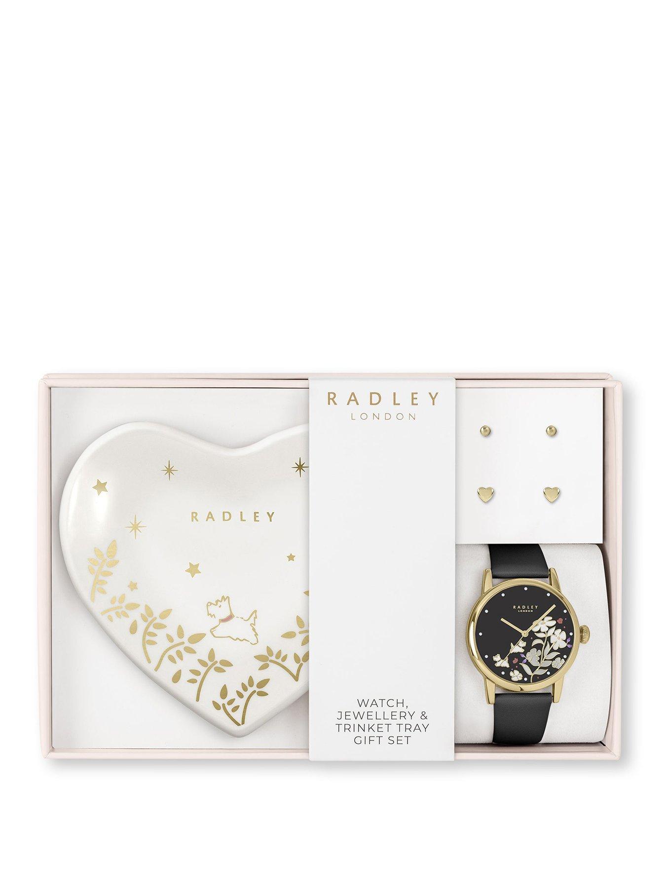 Radley Gold Plated Black Leather Strap Watch, 18ct Gold Plated Heart Twin Pack Earrings  &  Heart Ceramic Trinket Tray Set