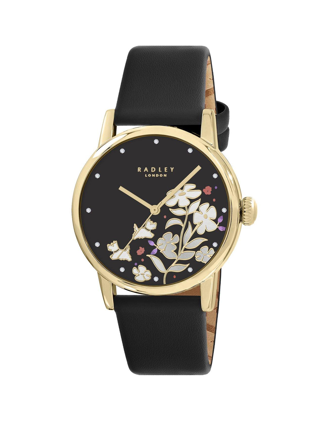  image of radley-gold-plated-black-leather-strap-watch-18ct-gold-plated-heart-twin-pack-earrings-amp-heart-ceramic-trinket-tray-set
