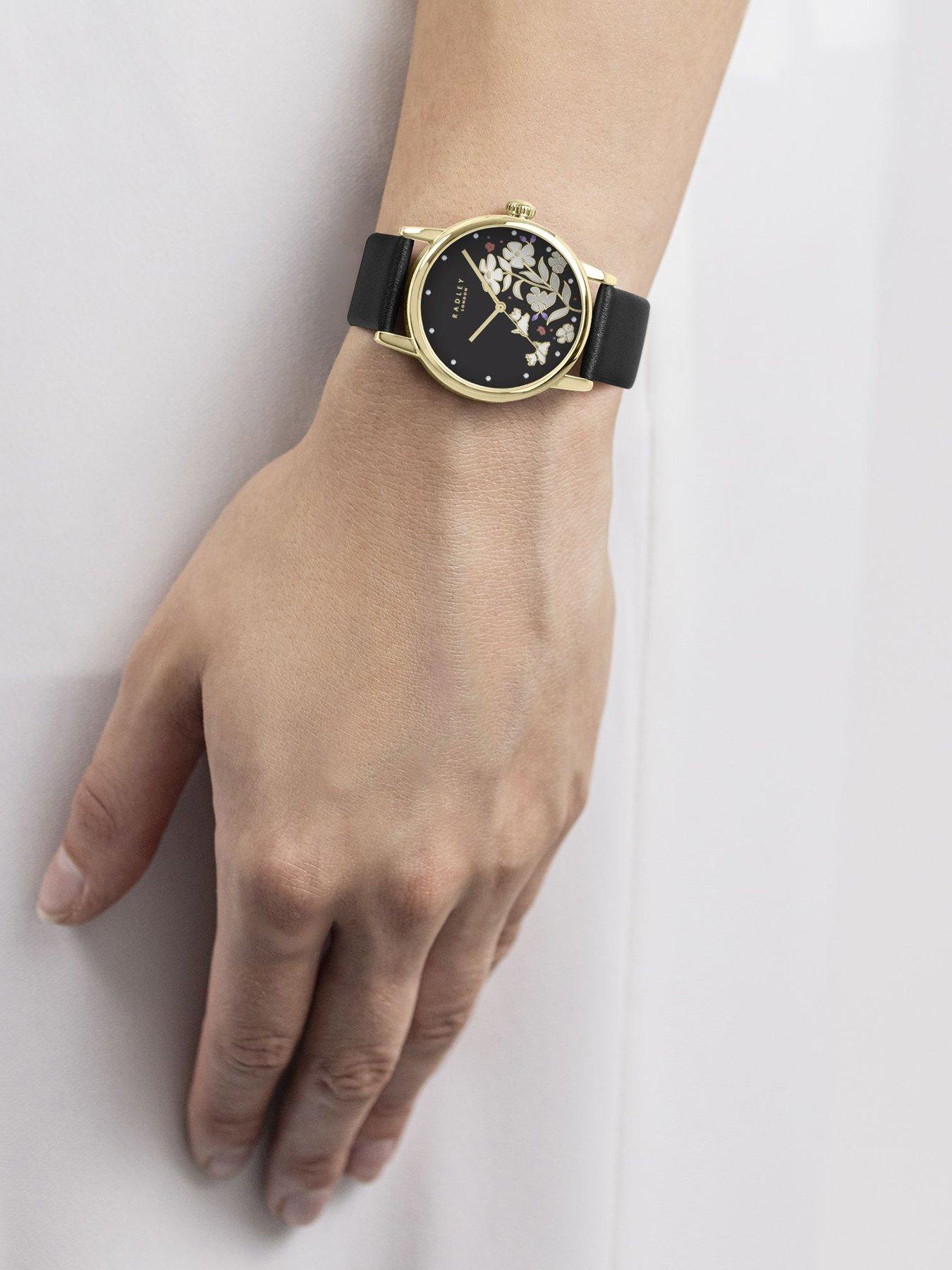  image of radley-gold-plated-black-leather-strap-watch-18ct-gold-plated-heart-twin-pack-earrings-amp-heart-ceramic-trinket-tray-set