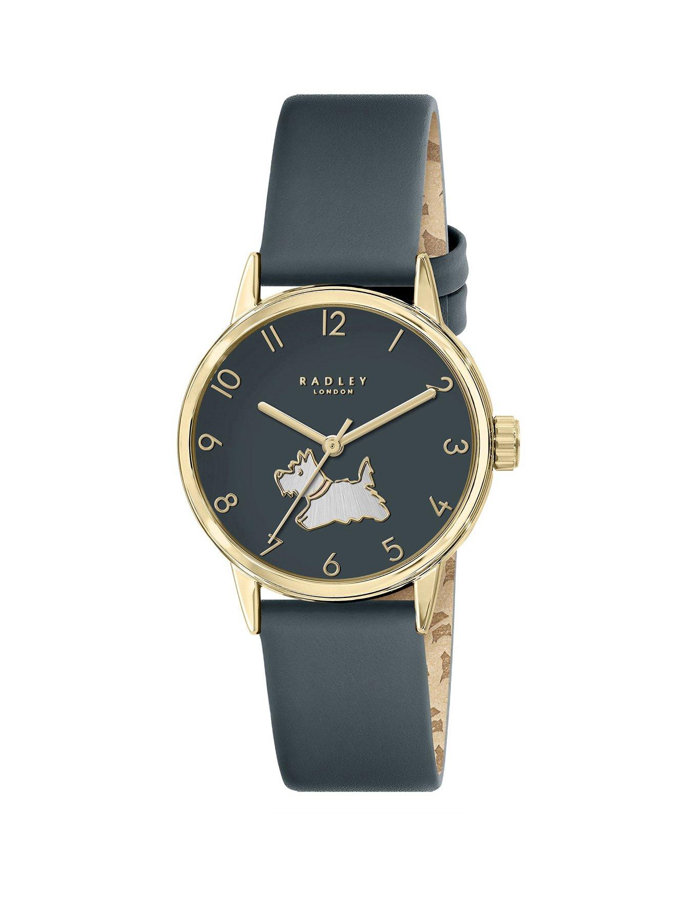  image of radley-gold-plated-deep-sea-leather-strap-watch-18ct-gold-plated-twin-pack-earrings-amp-ceramic-trinket-tray-set