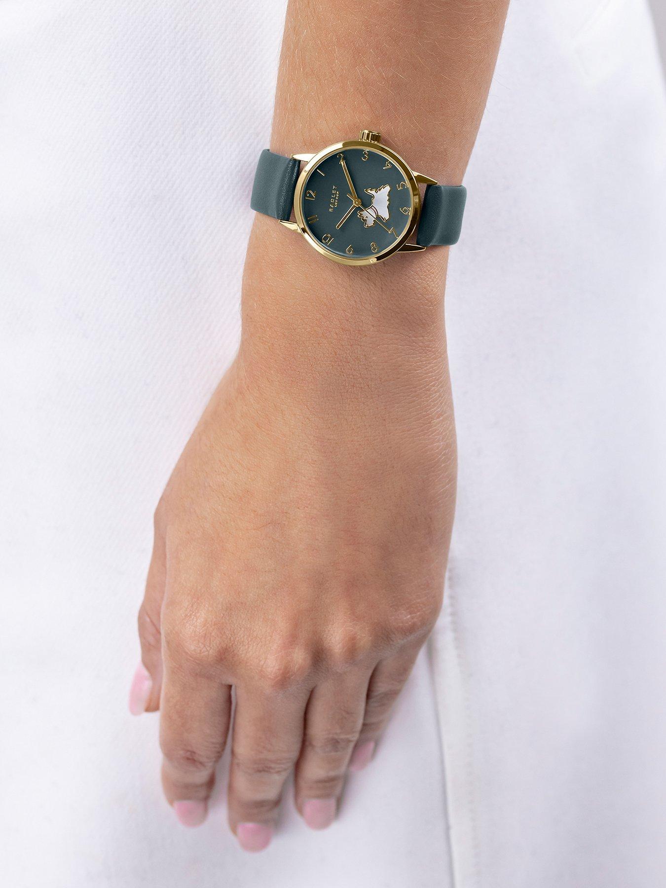  image of radley-gold-plated-deep-sea-leather-strap-watch-18ct-gold-plated-twin-pack-earrings-amp-ceramic-trinket-tray-set