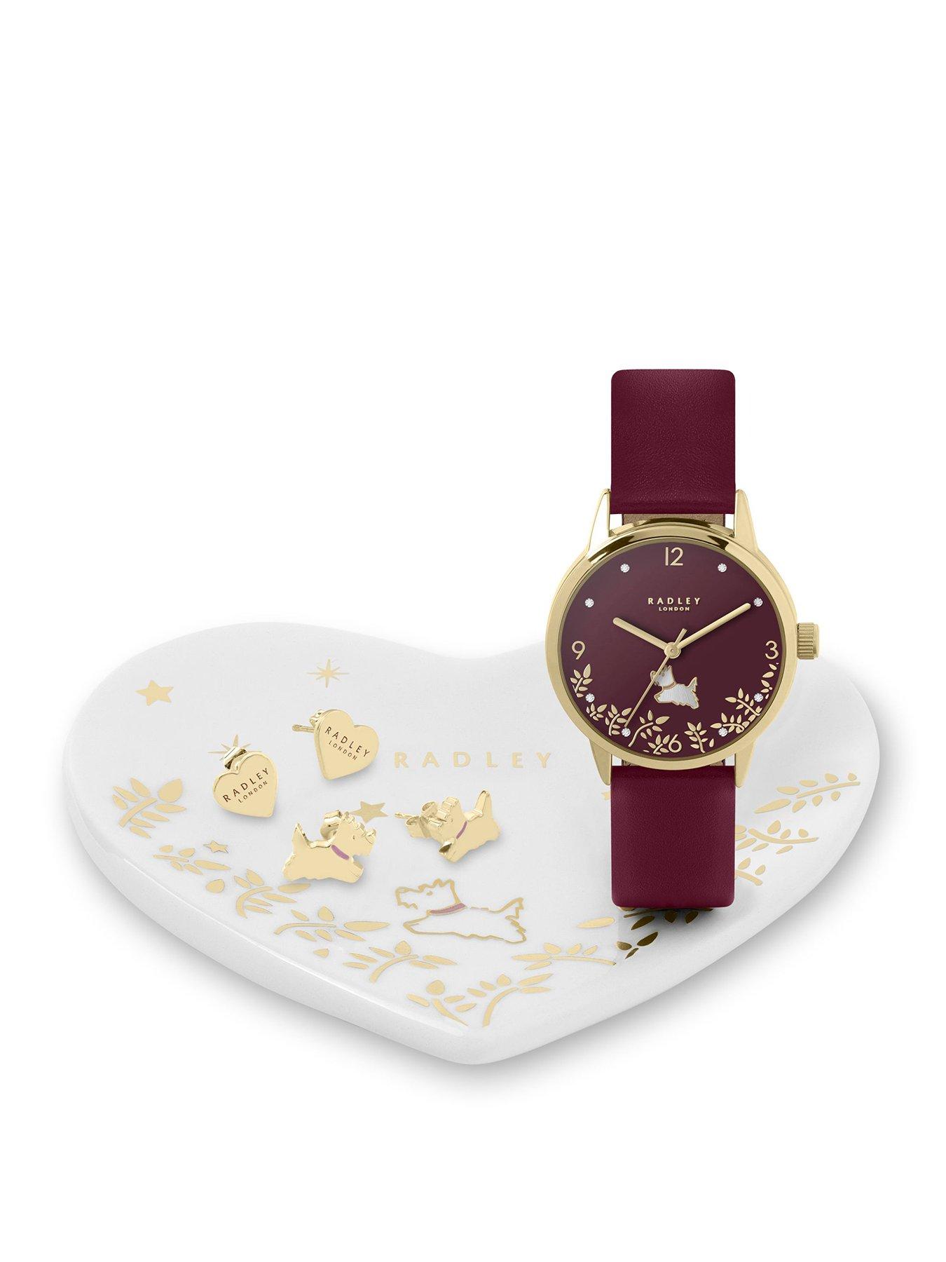 Radley Gold Plated Cranberry Red Leather Watch, 18ct Gold Plated Earring Twin pack and Ceramic Trinket Tray Set
