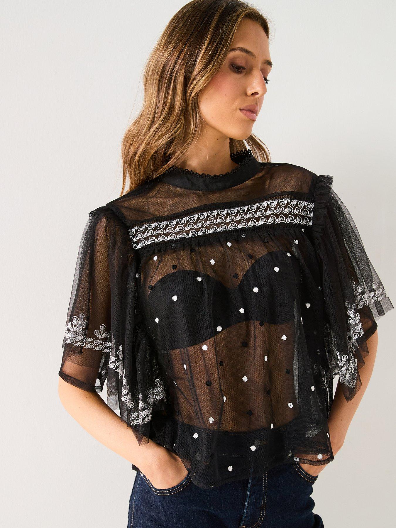SHEER SLV EMB BLOUSE